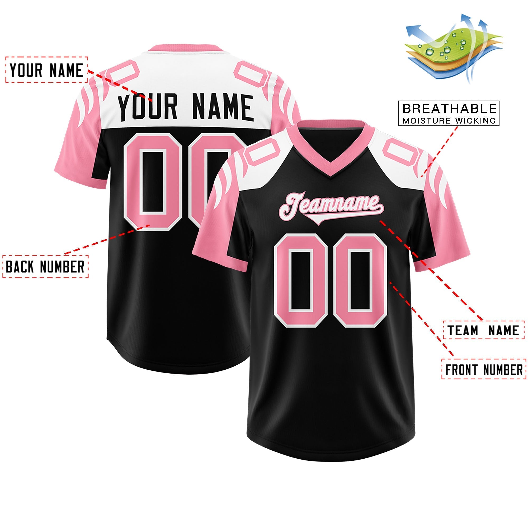 Custom Black Light Pink Raglan Sleeves Personalized Pattern Authentic American Football Jersey