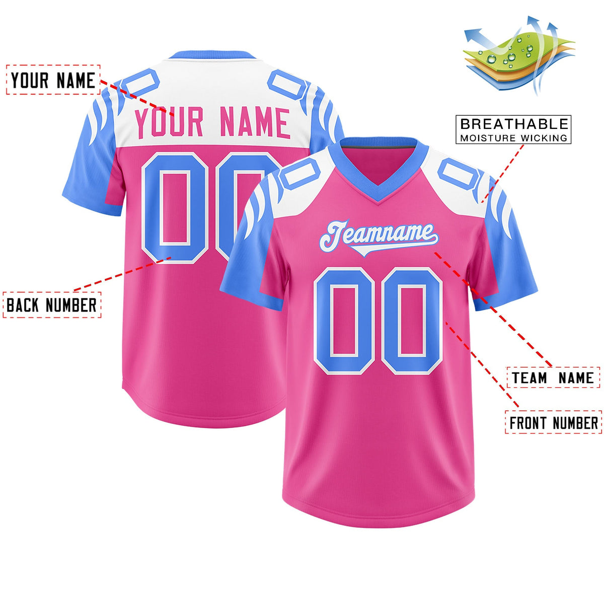 Custom Pink Powder Blue Raglan Sleeves Personalized Pattern Authentic American Football Jersey