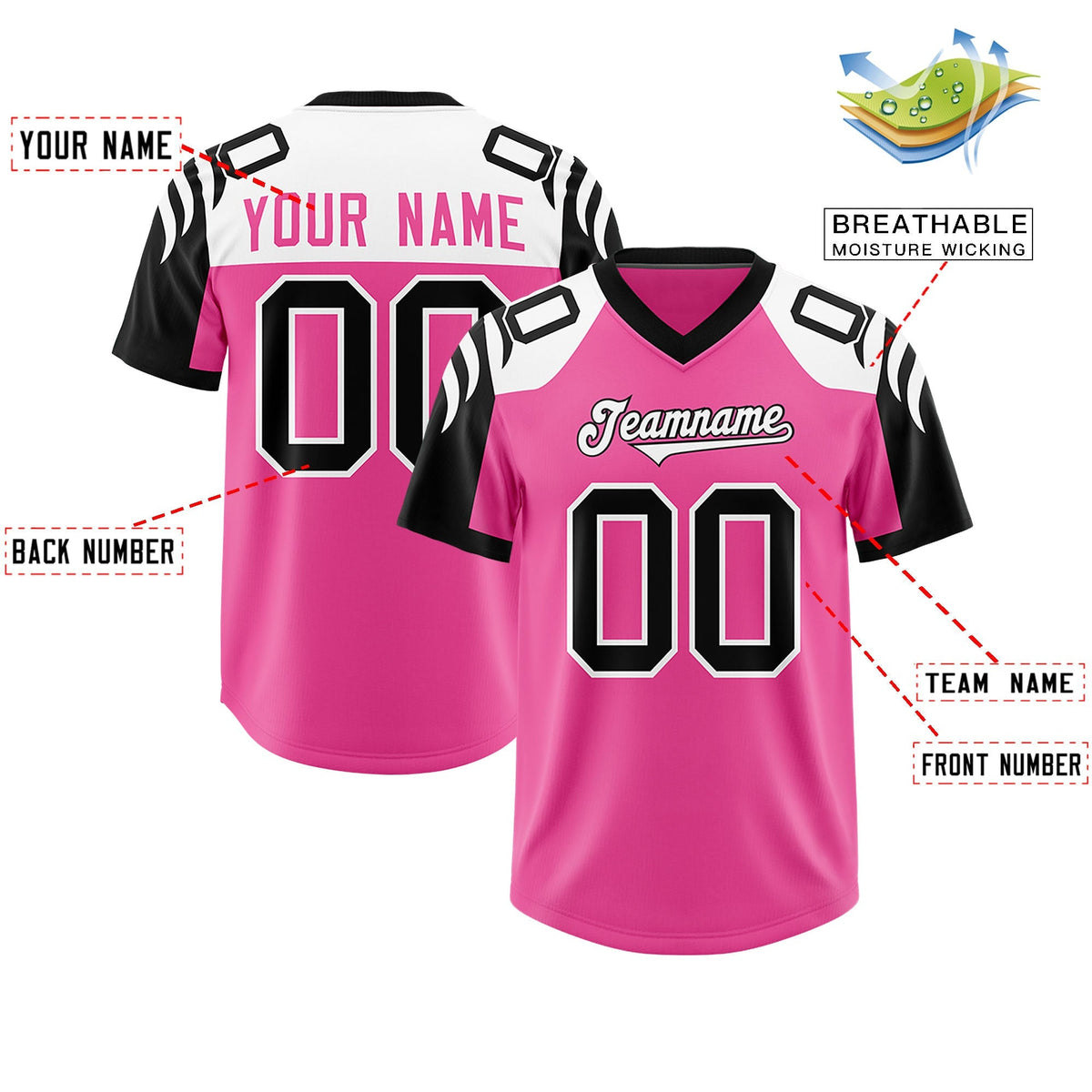 Custom Pink Black Raglan Sleeves Personalized Pattern Authentic American Football Jersey