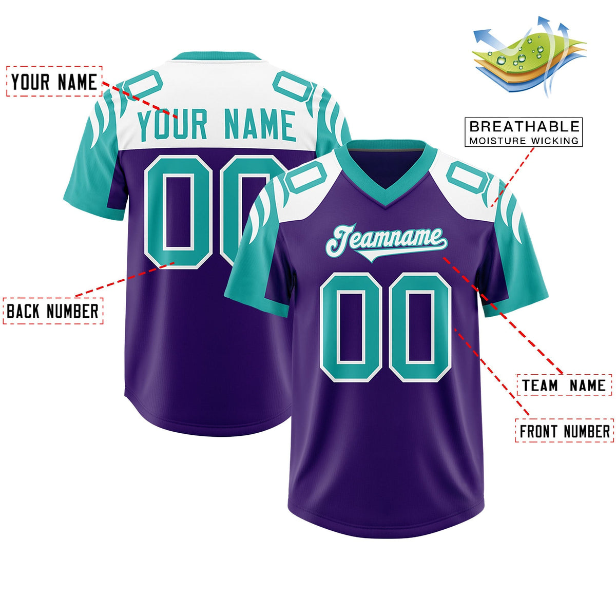 Custom Purple Aqua Raglan Sleeves Personalized Pattern Authentic American Football Jersey