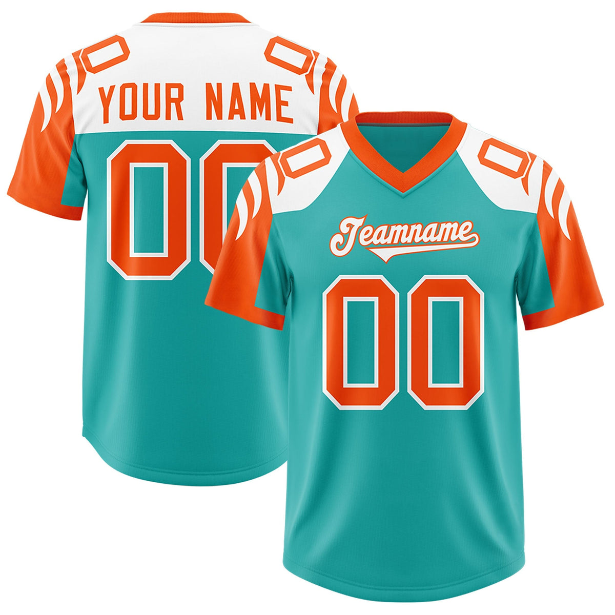 Custom Aqua Orange Raglan Sleeves Personalized Pattern Authentic American Football Jersey