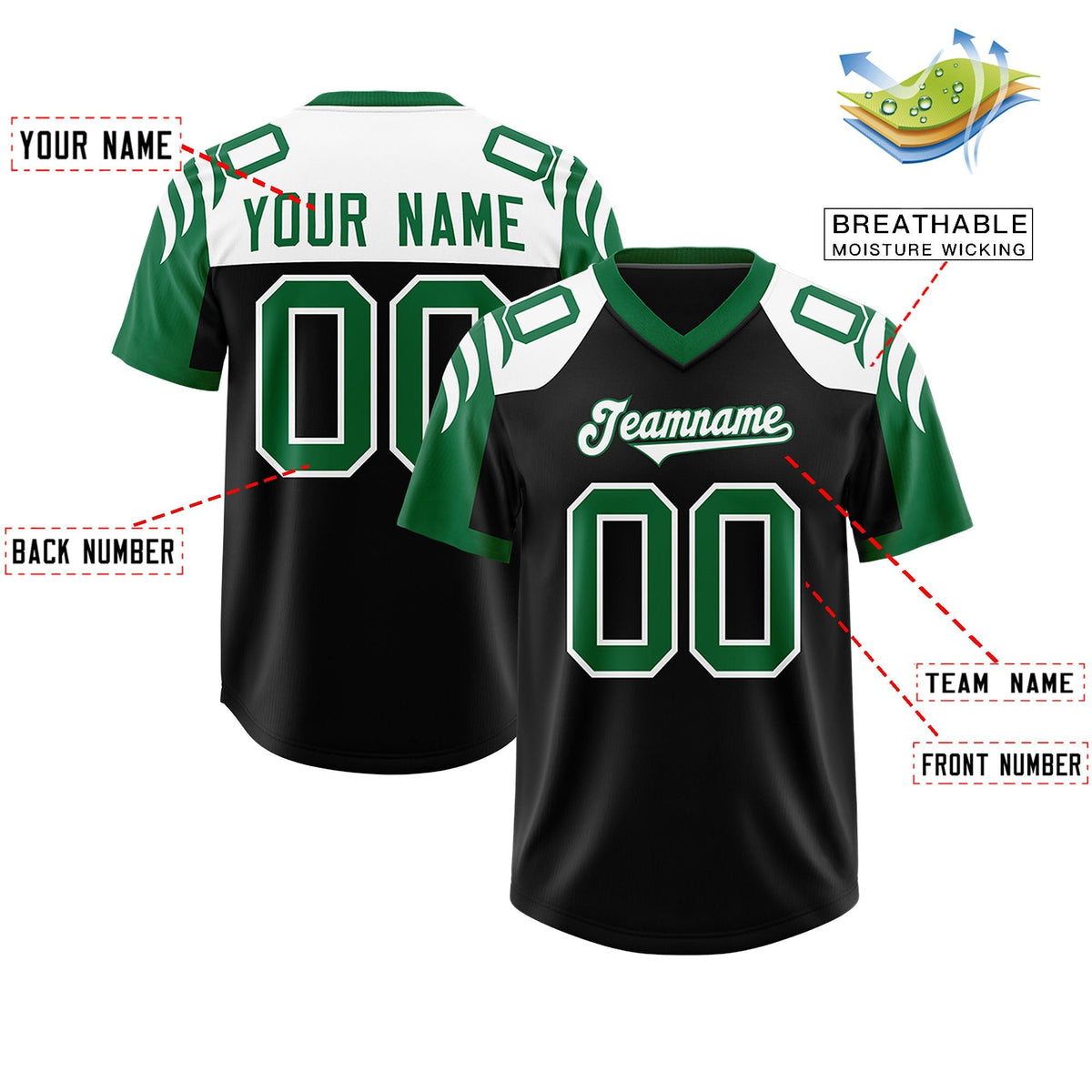 Custom Black Kelly Green Raglan Sleeves Personalized Pattern Authentic American Football Jersey
