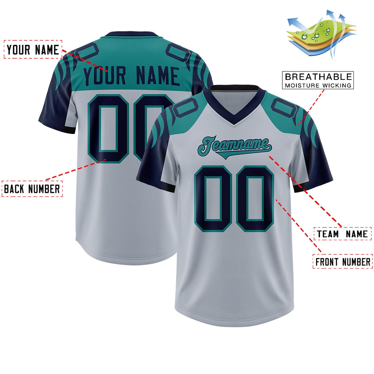 Custom Silver Navy Raglan Sleeves Personalized Pattern Authentic American Football Jersey