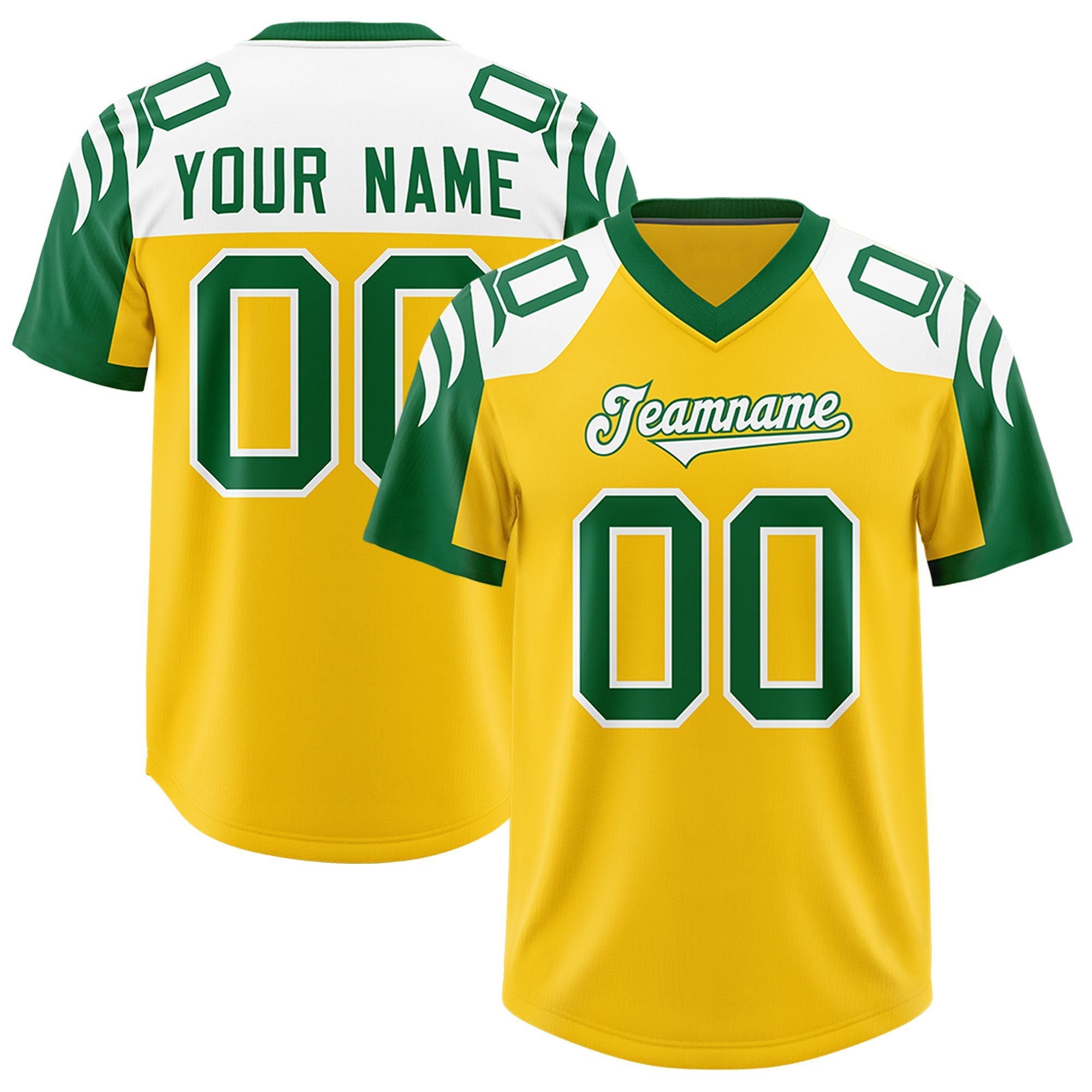 Custom Gold Kelly Green Raglan Sleeves Personalized Pattern Authentic American Football Jersey