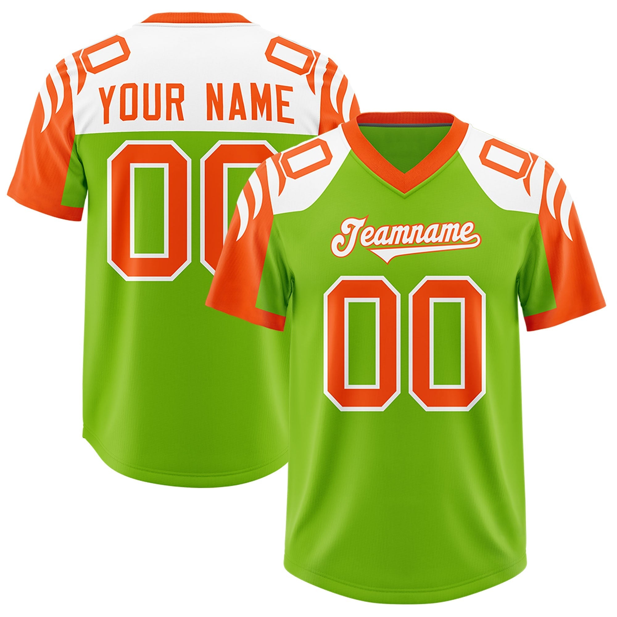 Custom Neon Green Orange Raglan Sleeves Personalized Pattern Authentic American Football Jersey