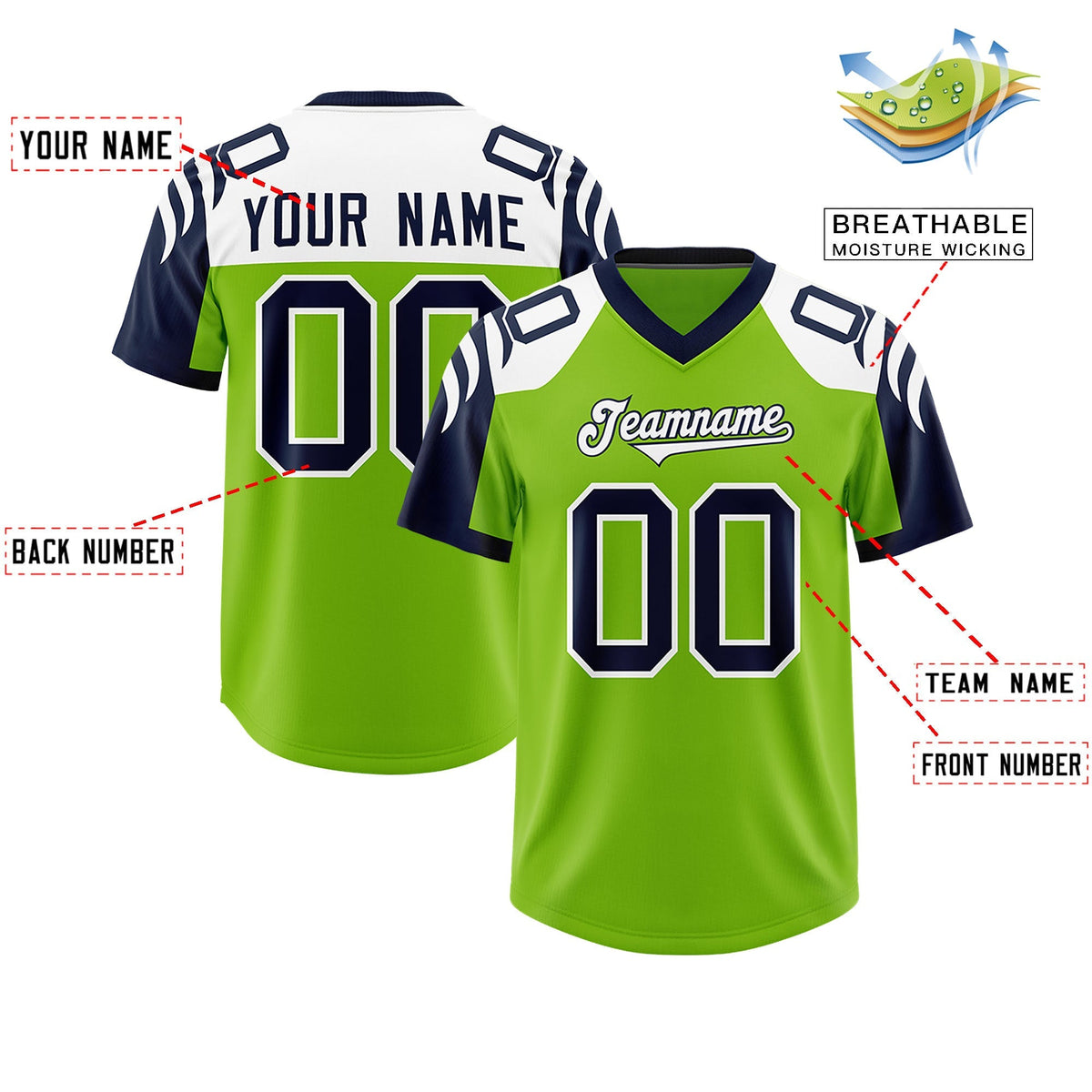 Custom Neon Green Navy Raglan Sleeves Personalized Pattern Authentic American Football Jersey