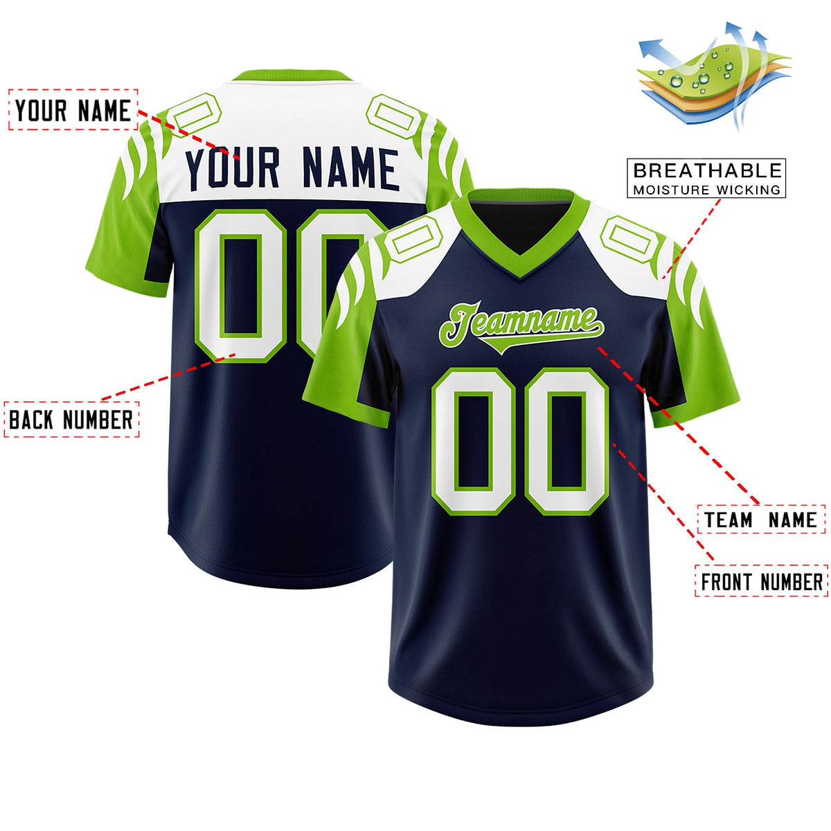 Custom Navy Neon Green Raglan Sleeves Personalized Pattern Authentic American Football Jersey