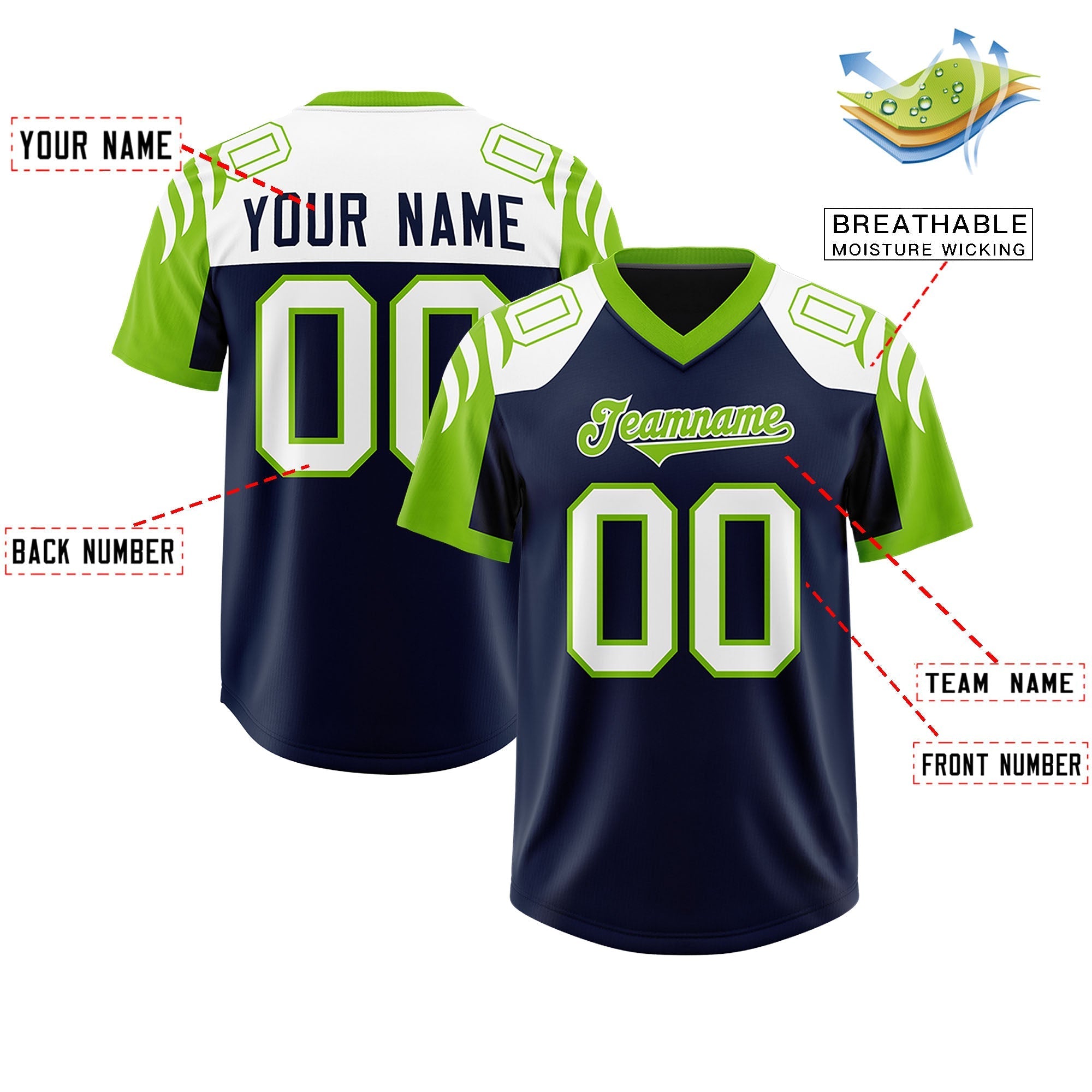 Custom Navy Neon Green Raglan Sleeves Personalized Pattern Authentic American Football Jersey