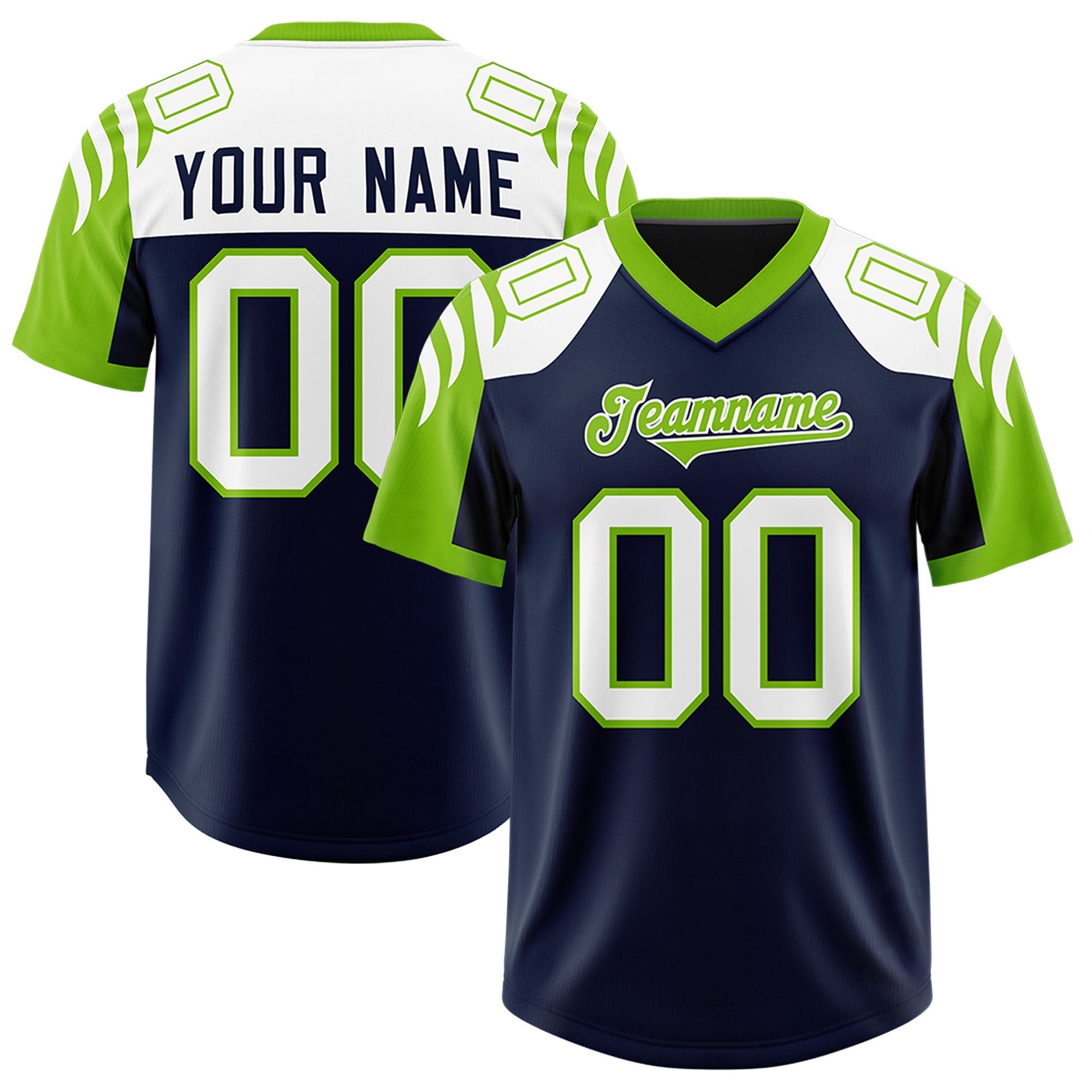 Custom Navy Neon Green Raglan Sleeves Personalized Pattern Authentic American Football Jersey