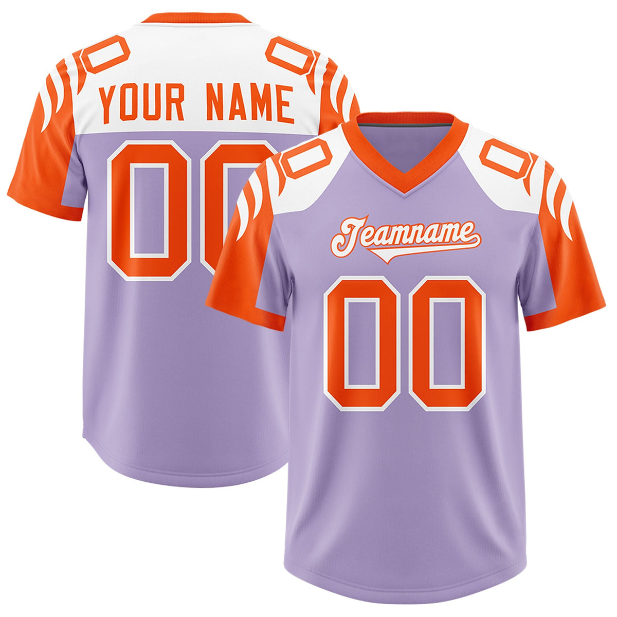 Custom Light Purple Orange Raglan Sleeves Personalized Pattern Authentic American Football Jersey