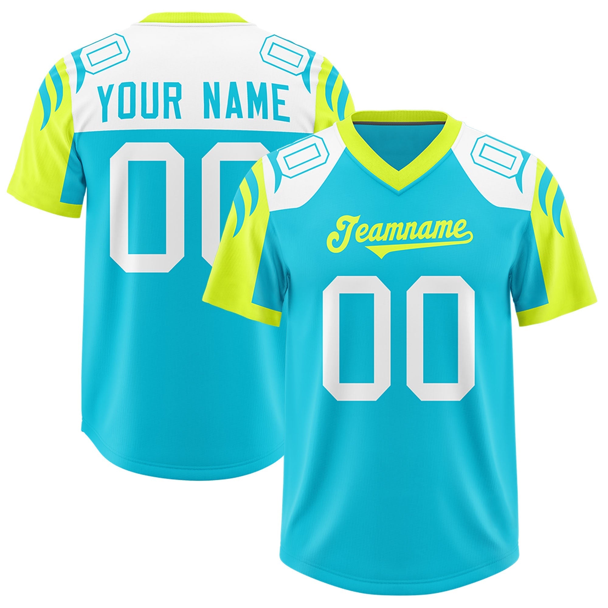 Custom Sky Blue Fluorescent Green Raglan Sleeves Personalized Pattern Authentic American Football Jersey