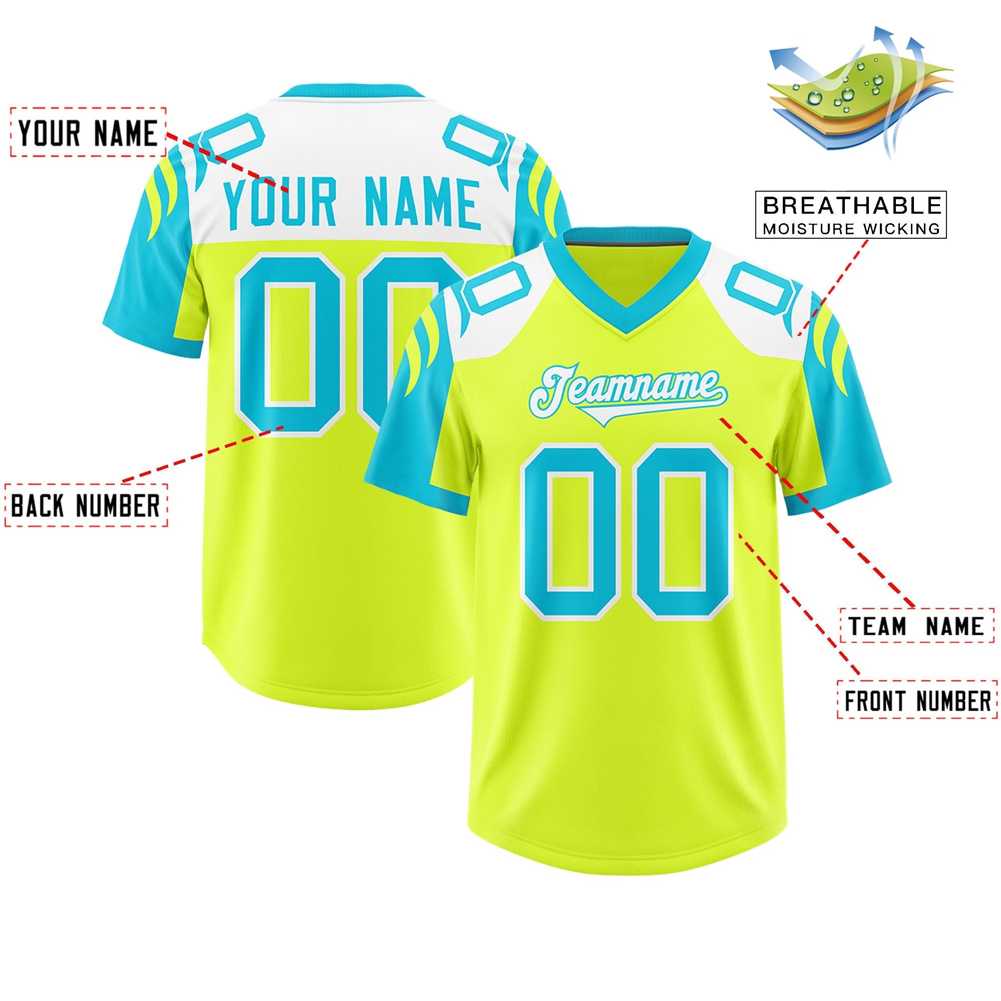 Custom Fluorescent Green Sky Blue Raglan Sleeves Personalized Pattern Authentic American Football Jersey
