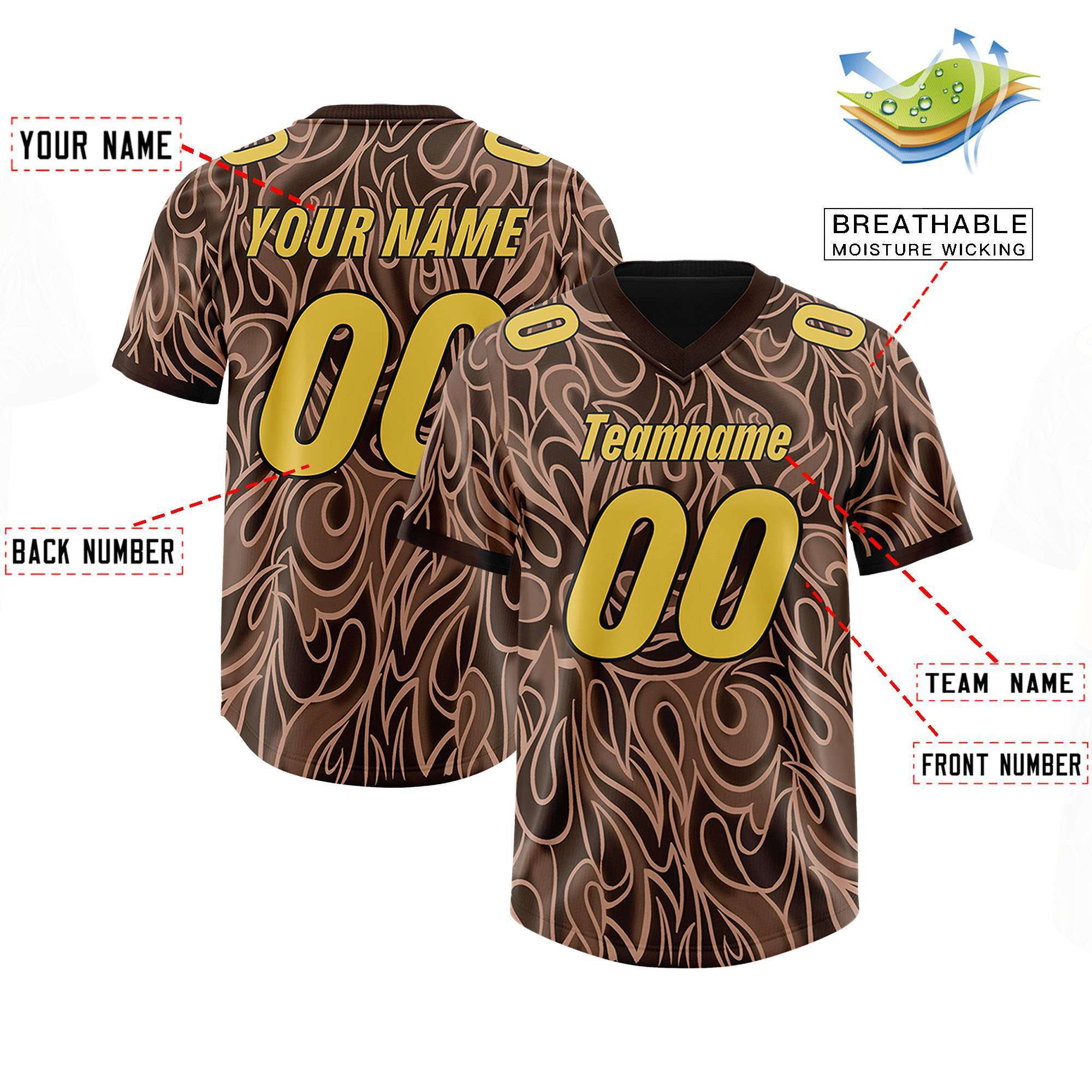Custom Brown Personalized Printed Graffiti Pattern Design Authentic American Football Jersey