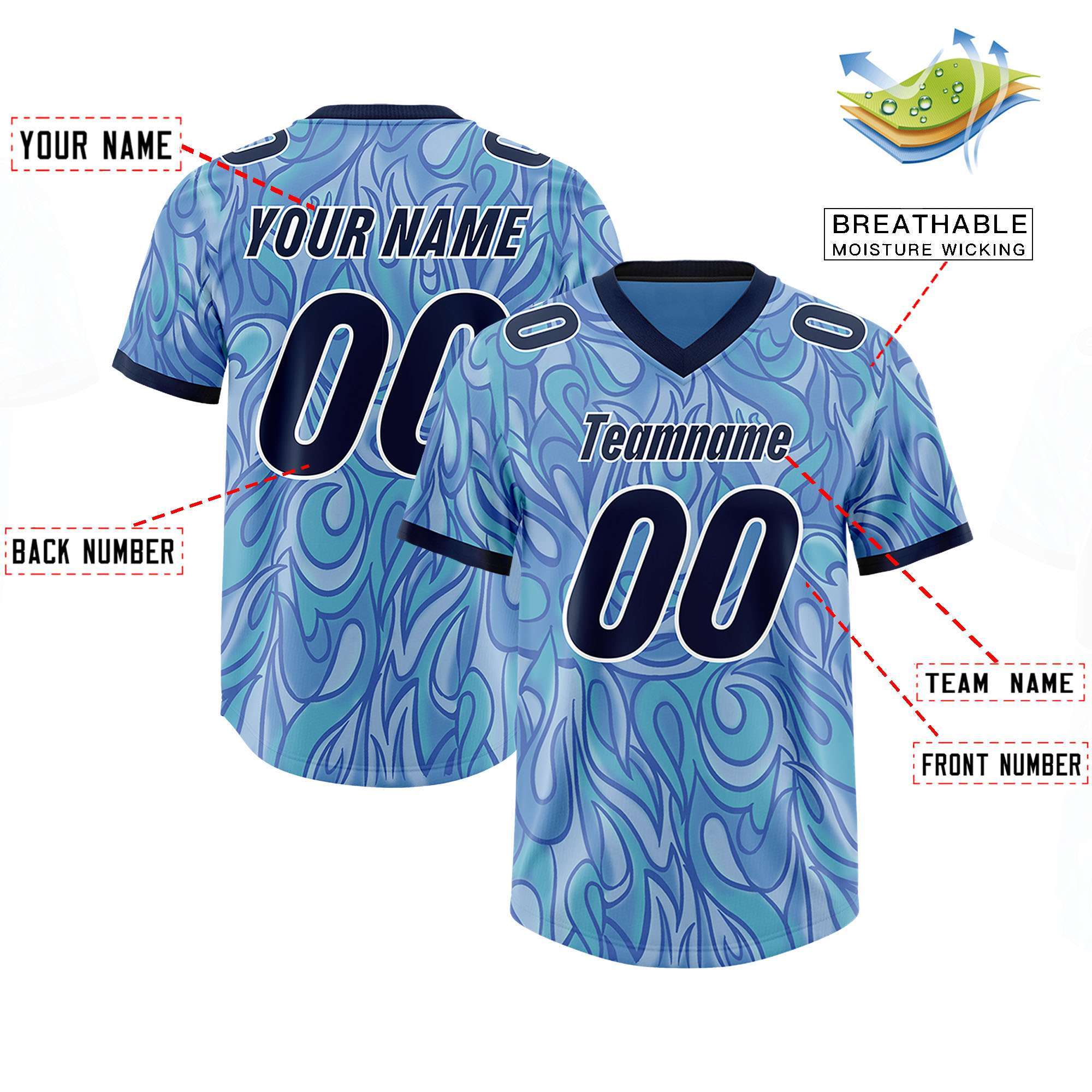 Custom Light Blue Personalized Printed Graffiti Pattern Design Authentic American Football Jersey