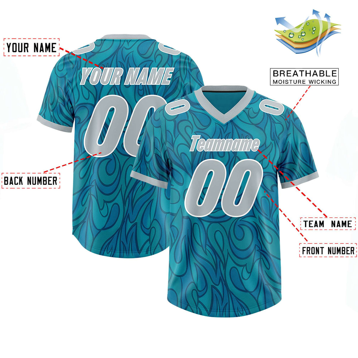 Custom Aqua Personalized Printed Graffiti Pattern Design Authentic American Football Jersey