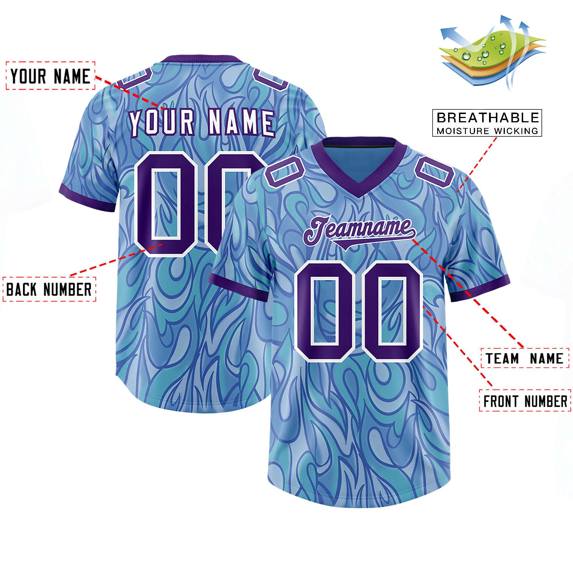 Custom Light Blue Personalized Printed Graffiti Pattern Design Authentic American Football Jersey