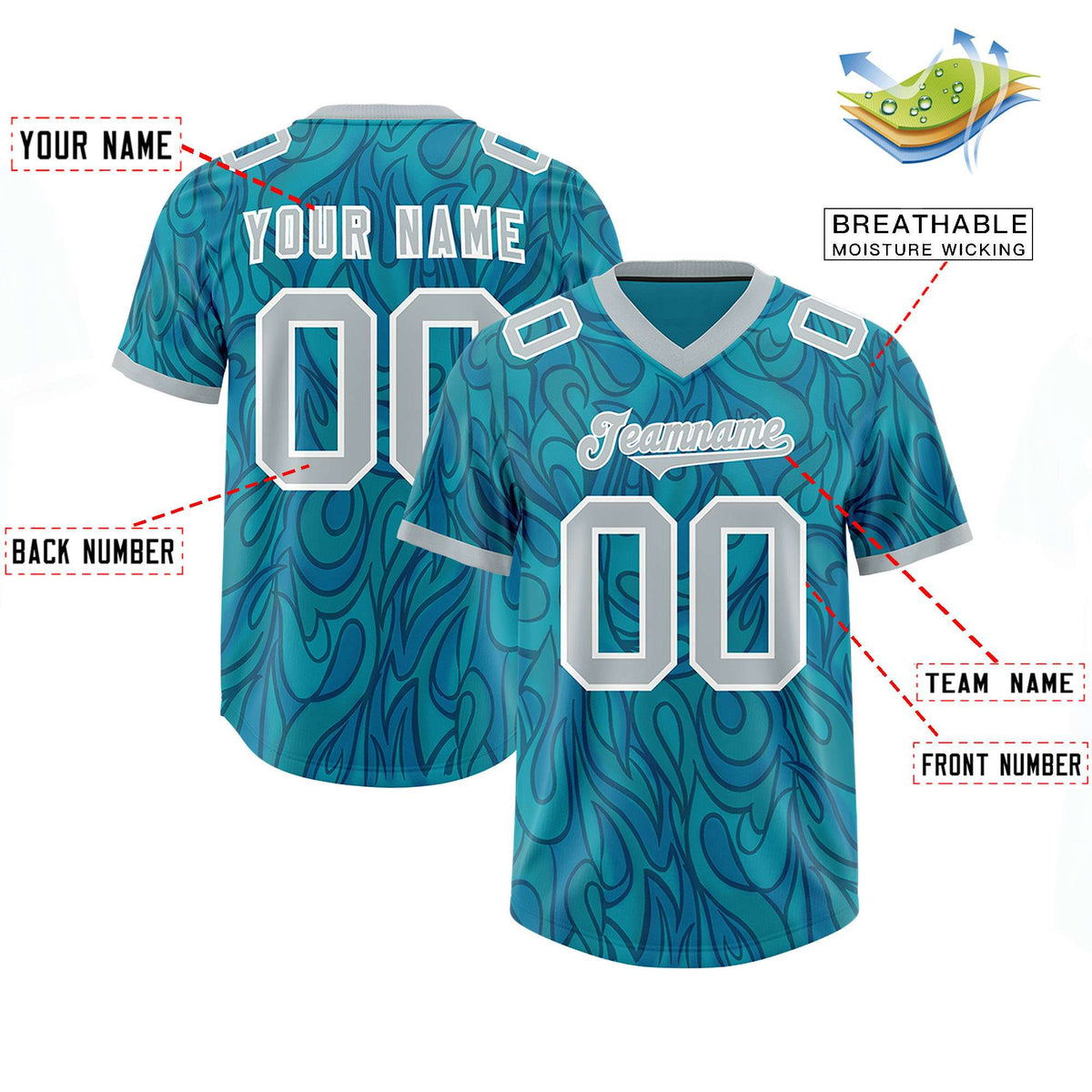 Custom Aqua Personalized Printed Graffiti Pattern Design Authentic American Football Jersey