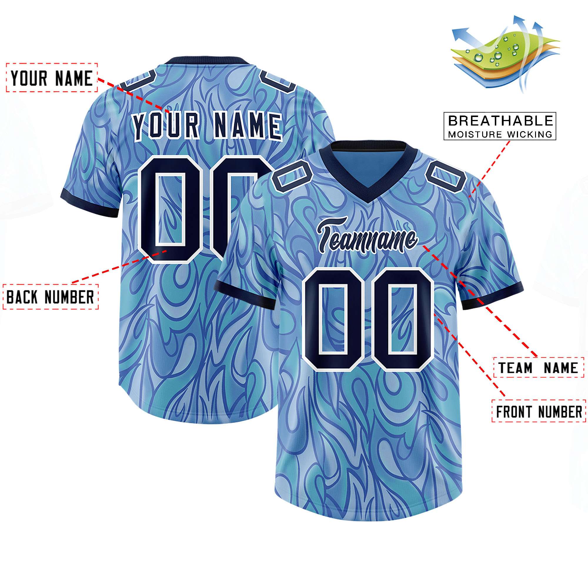 Custom Light Blue Personalized Printed Graffiti Pattern Design Authentic American Football Jersey