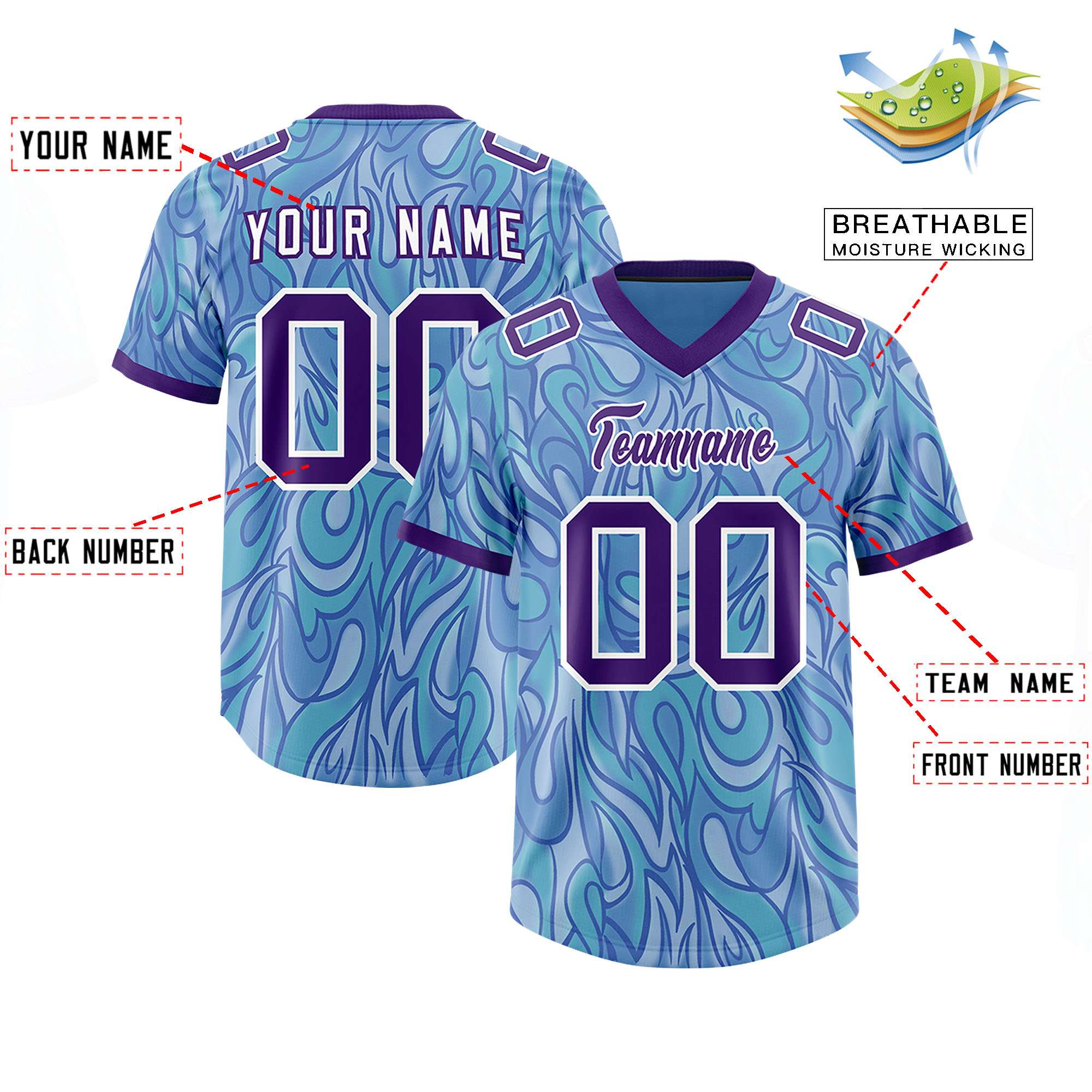 Custom Light Blue Personalized Printed Graffiti Pattern Design Authentic American Football Jersey