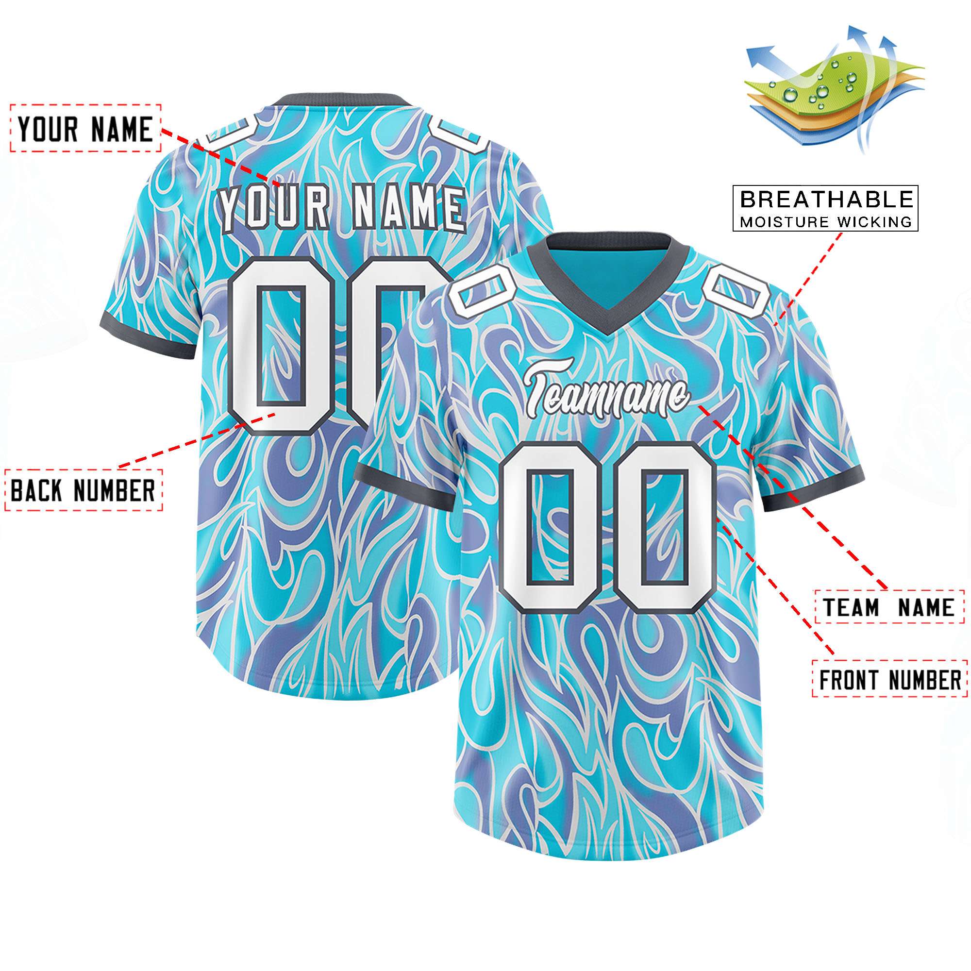 Custom Sky Blue Personalized Printed Graffiti Pattern Design Authentic American Football Jersey