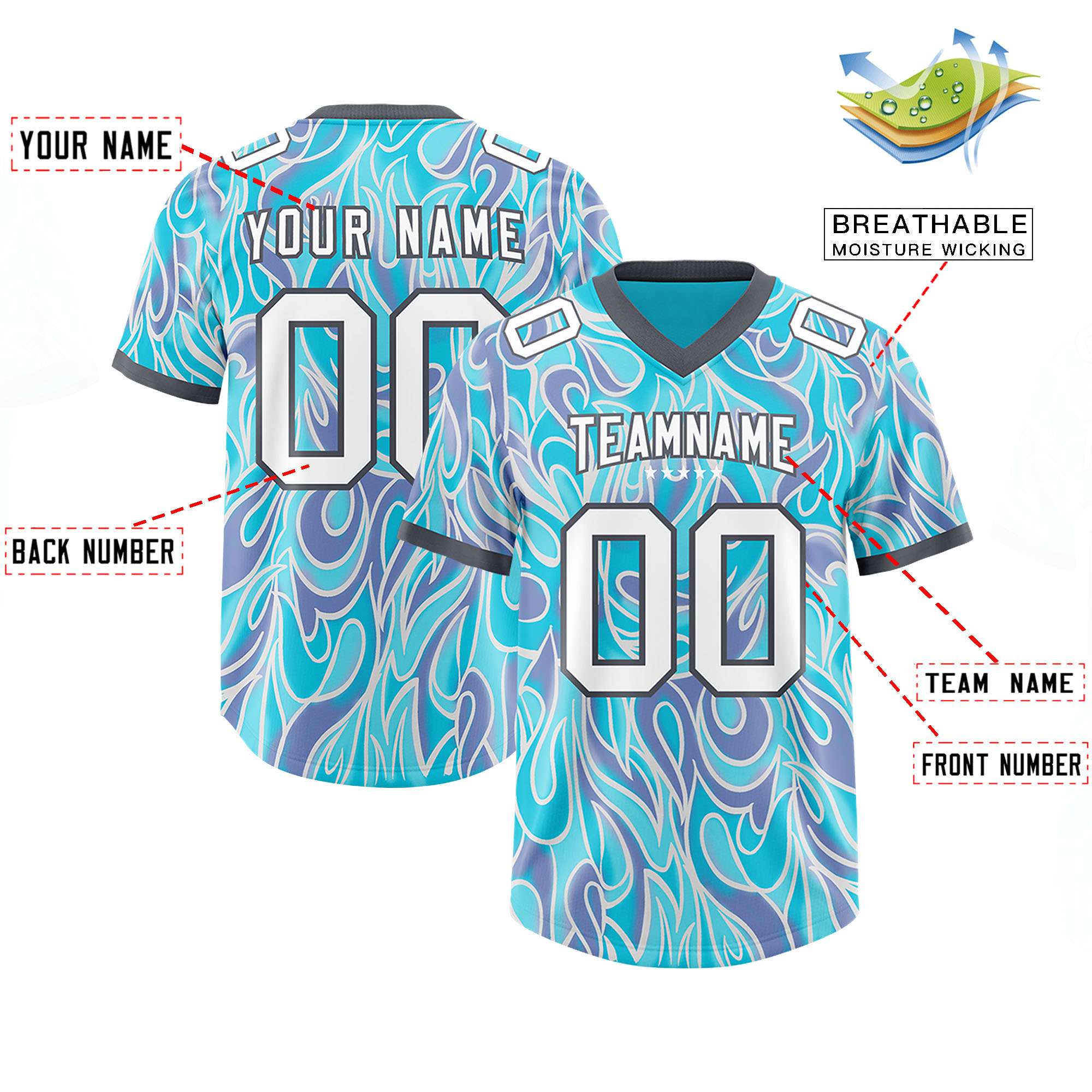 Custom Sky Blue Personalized Printed Graffiti Pattern Design Authentic American Football Jersey