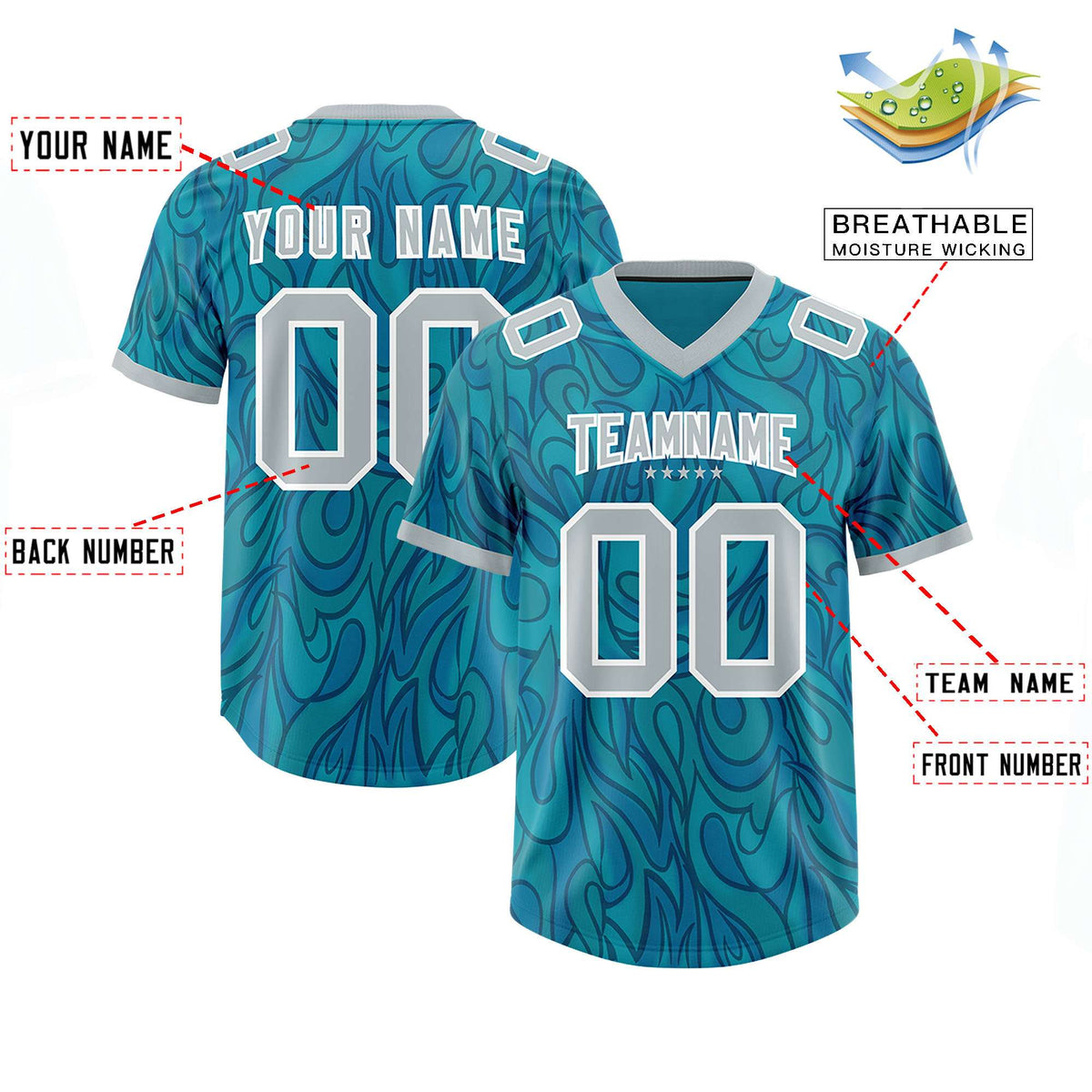 Custom Aqua Personalized Printed Graffiti Pattern Design Authentic American Football Jersey
