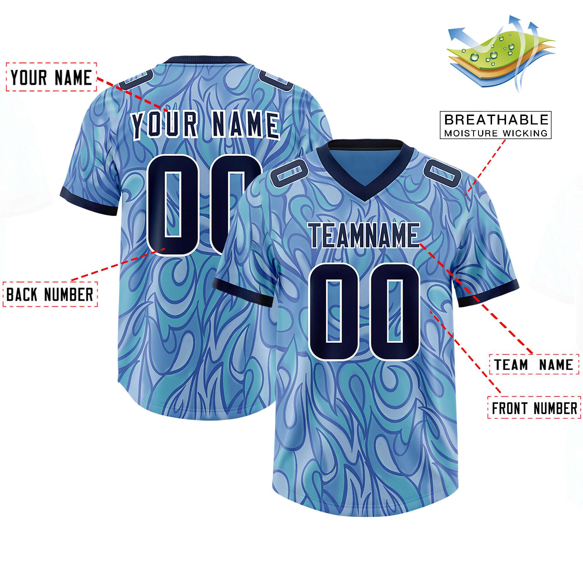 Custom Light Blue Personalized Printed Graffiti Pattern Design Authentic American Football Jersey
