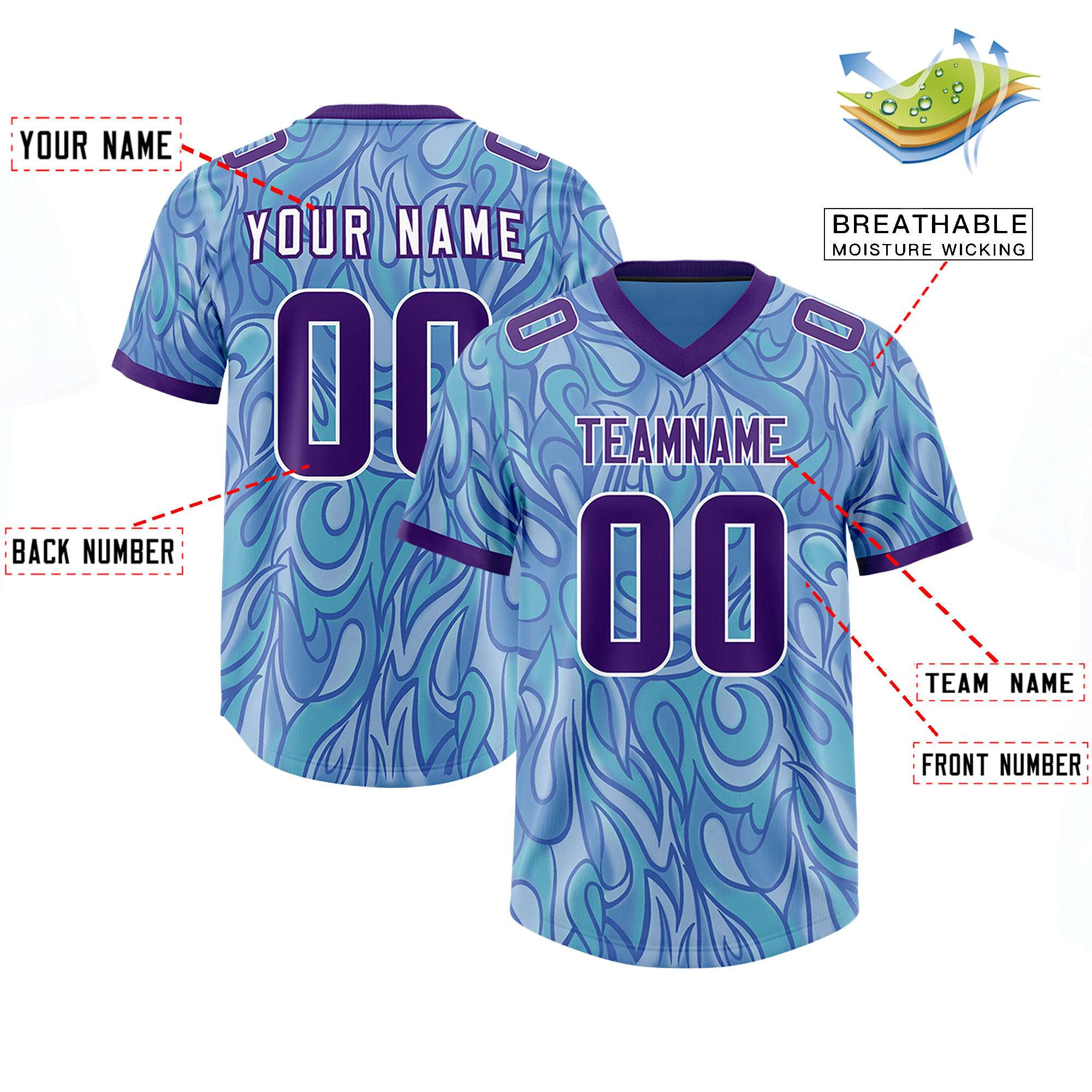 Custom Light Blue Personalized Printed Graffiti Pattern Design Authentic American Football Jersey