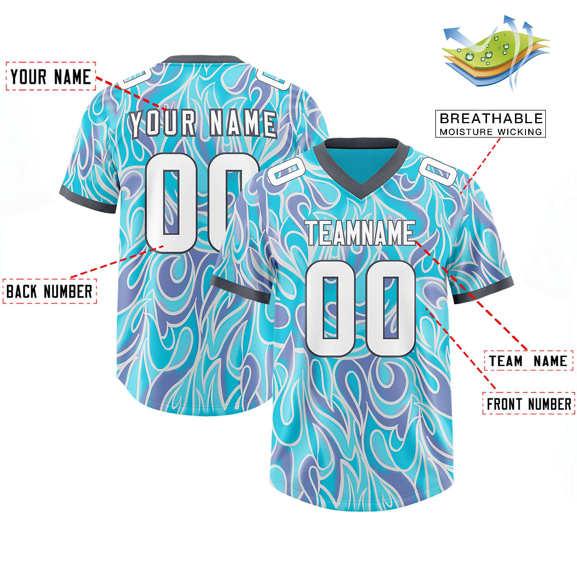 Custom Sky Blue Personalized Printed Graffiti Pattern Design Authentic American Football Jersey