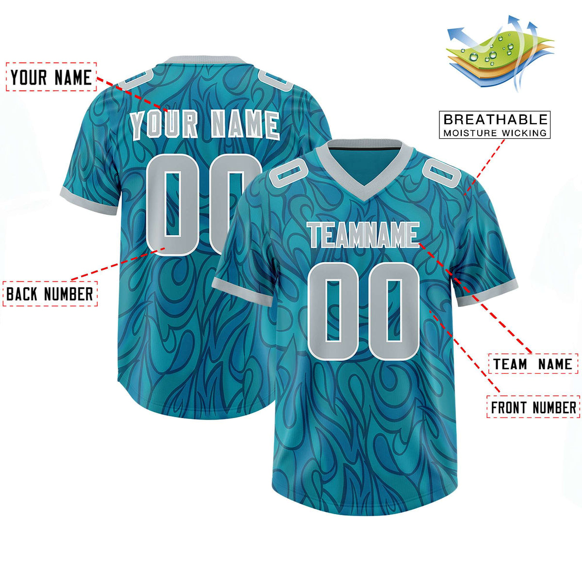 Custom Aqua Personalized Printed Graffiti Pattern Design Authentic American Football Jersey