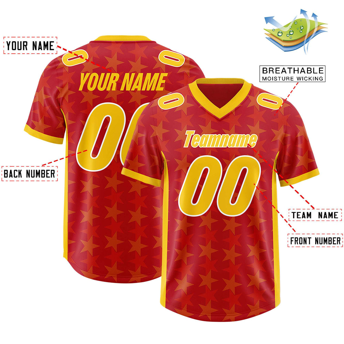 Custom Red Yellow Personalized All Star Graffiti Pattern Authentic American Football Jersey
