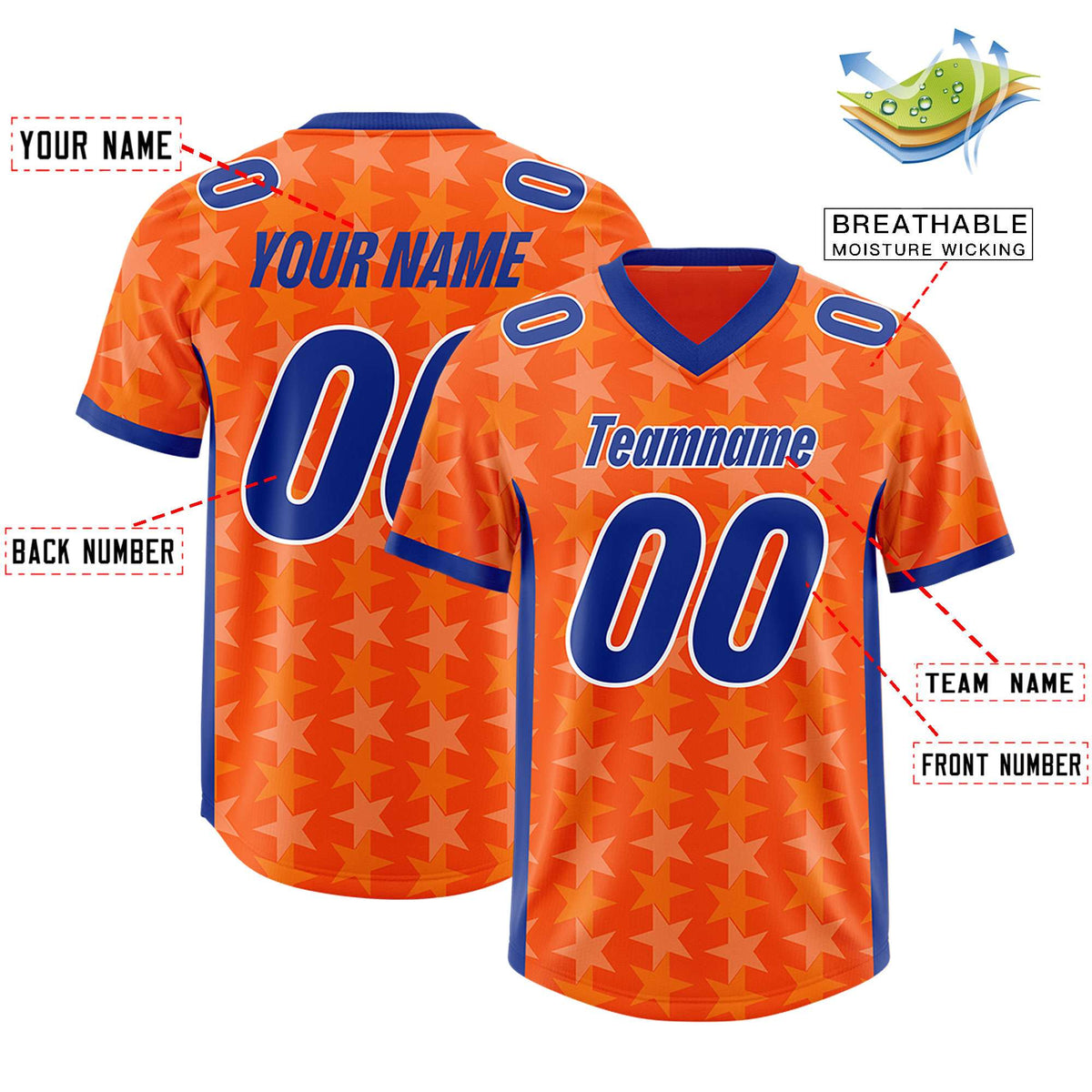 Custom Orange Royal Personalized All Star Graffiti Pattern Authentic American Football Jersey