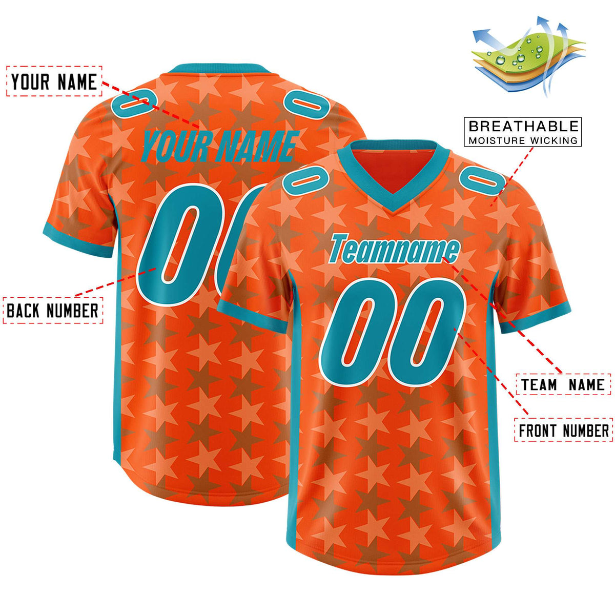 Custom Orange Aqua Personalized All Star Graffiti Pattern Authentic American Football Jersey