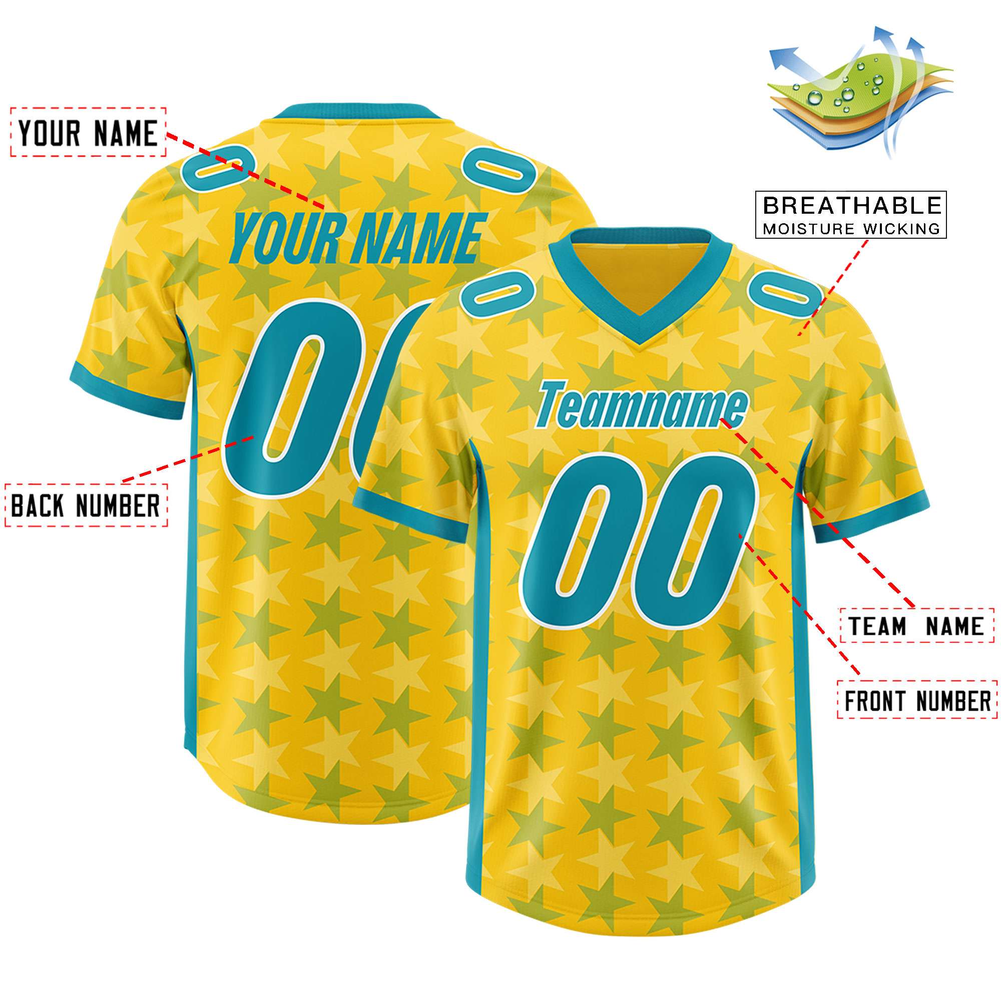 Custom Gold Aqua Personalized All Star Graffiti Pattern Authentic American Football Jersey
