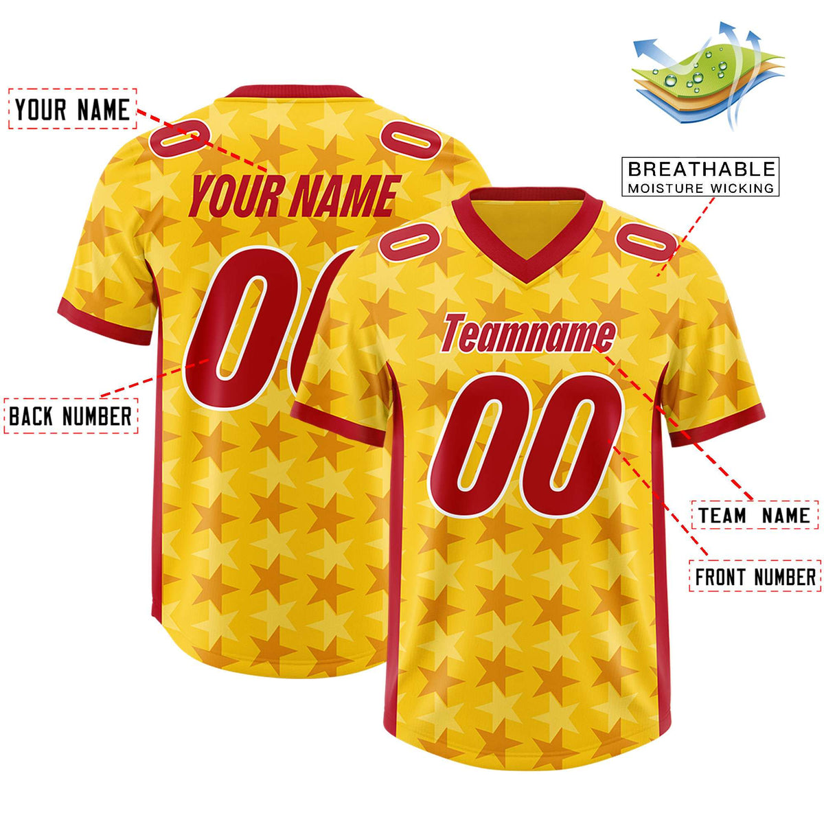 Custom Gold Red Personalized All Star Graffiti Pattern Authentic American Football Jersey