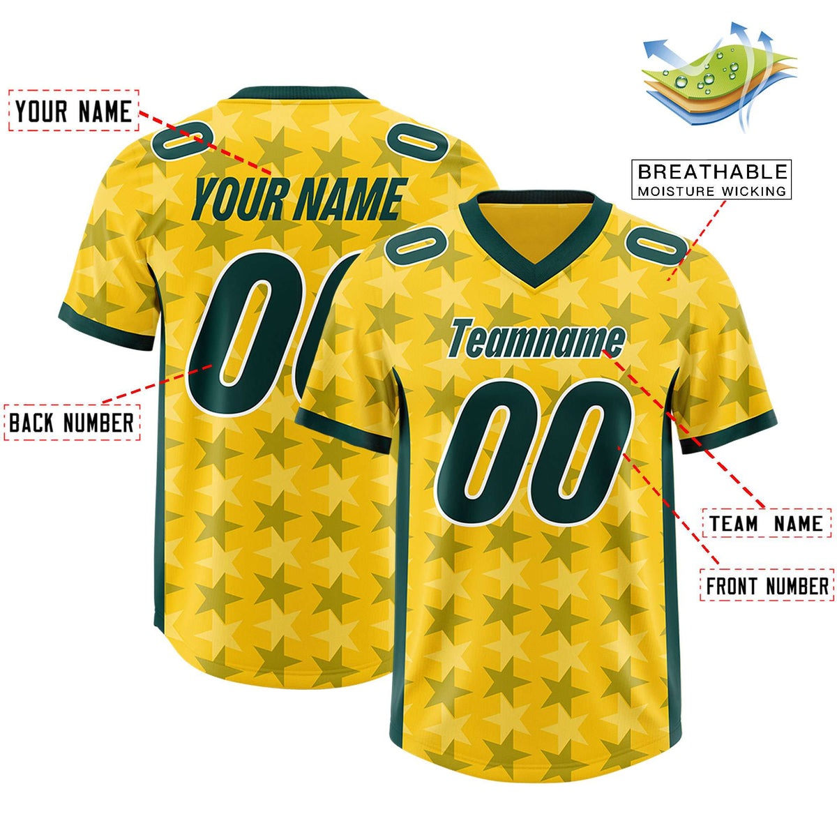 Custom Gold Green Personalized All Star Graffiti Pattern Authentic American Football Jersey