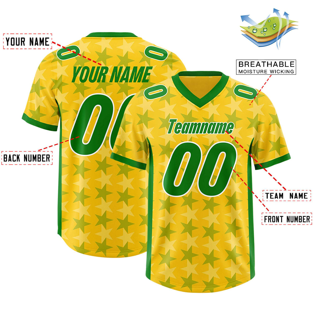 Custom Gold Kelly Green Personalized All Star Graffiti Pattern Authentic American Football Jersey