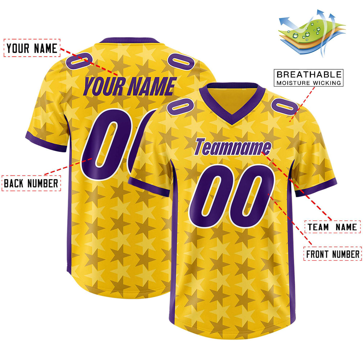 Custom Gold Purple Personalized All Star Graffiti Pattern Authentic American Football Jersey
