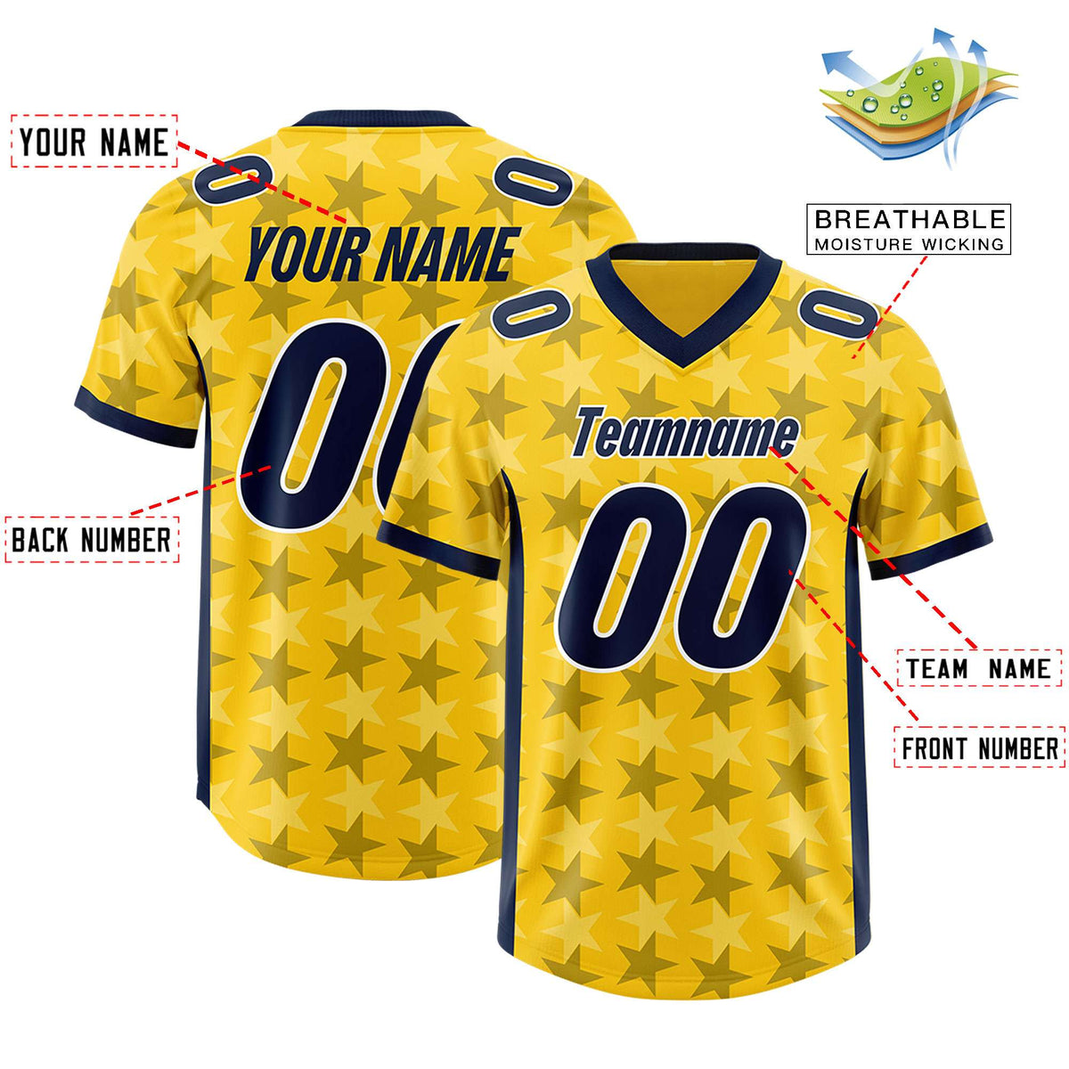 Custom Gold Navy Personalized All Star Graffiti Pattern Authentic American Football Jersey