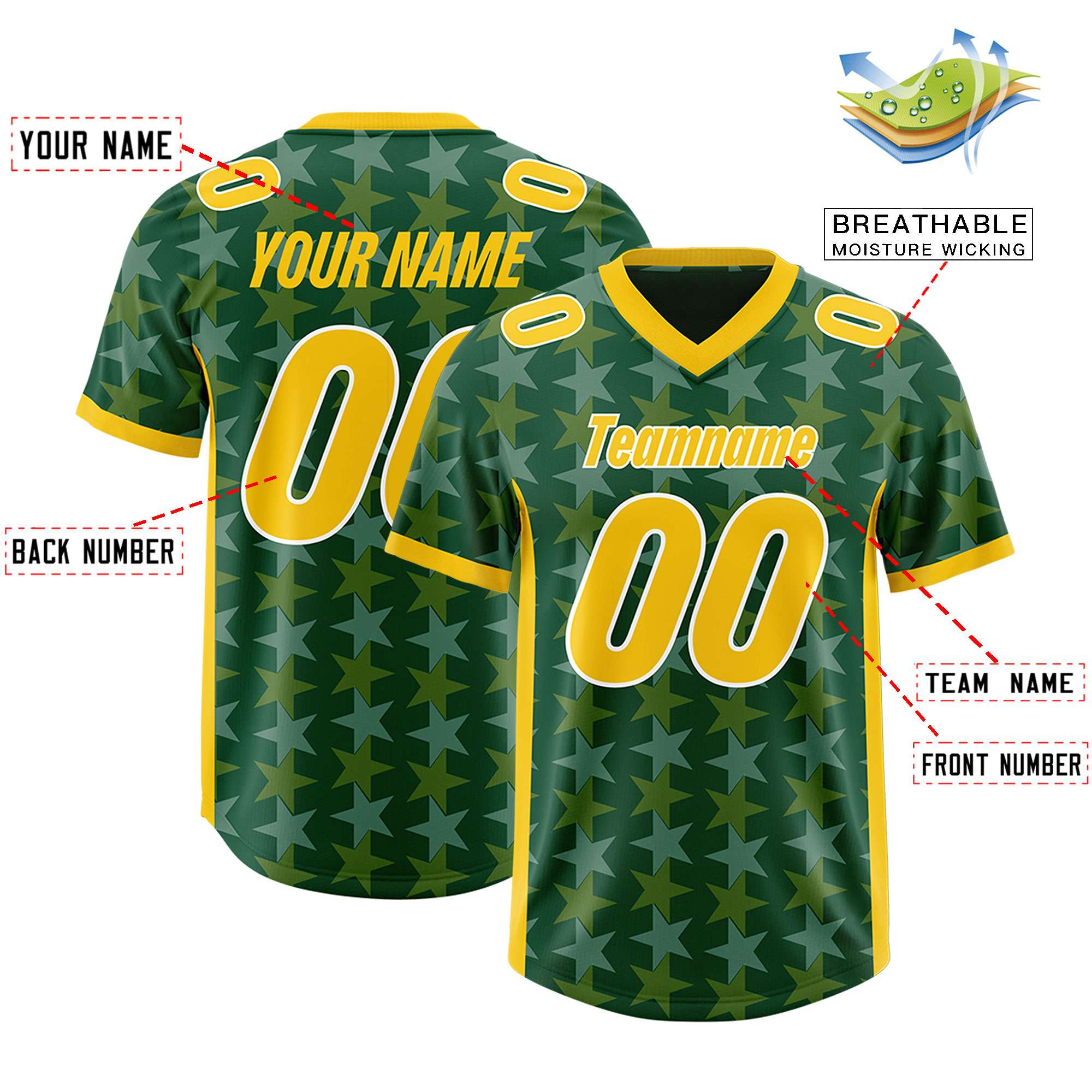Custom Green Gold Personalized All Star Graffiti Pattern Authentic American Football Jersey