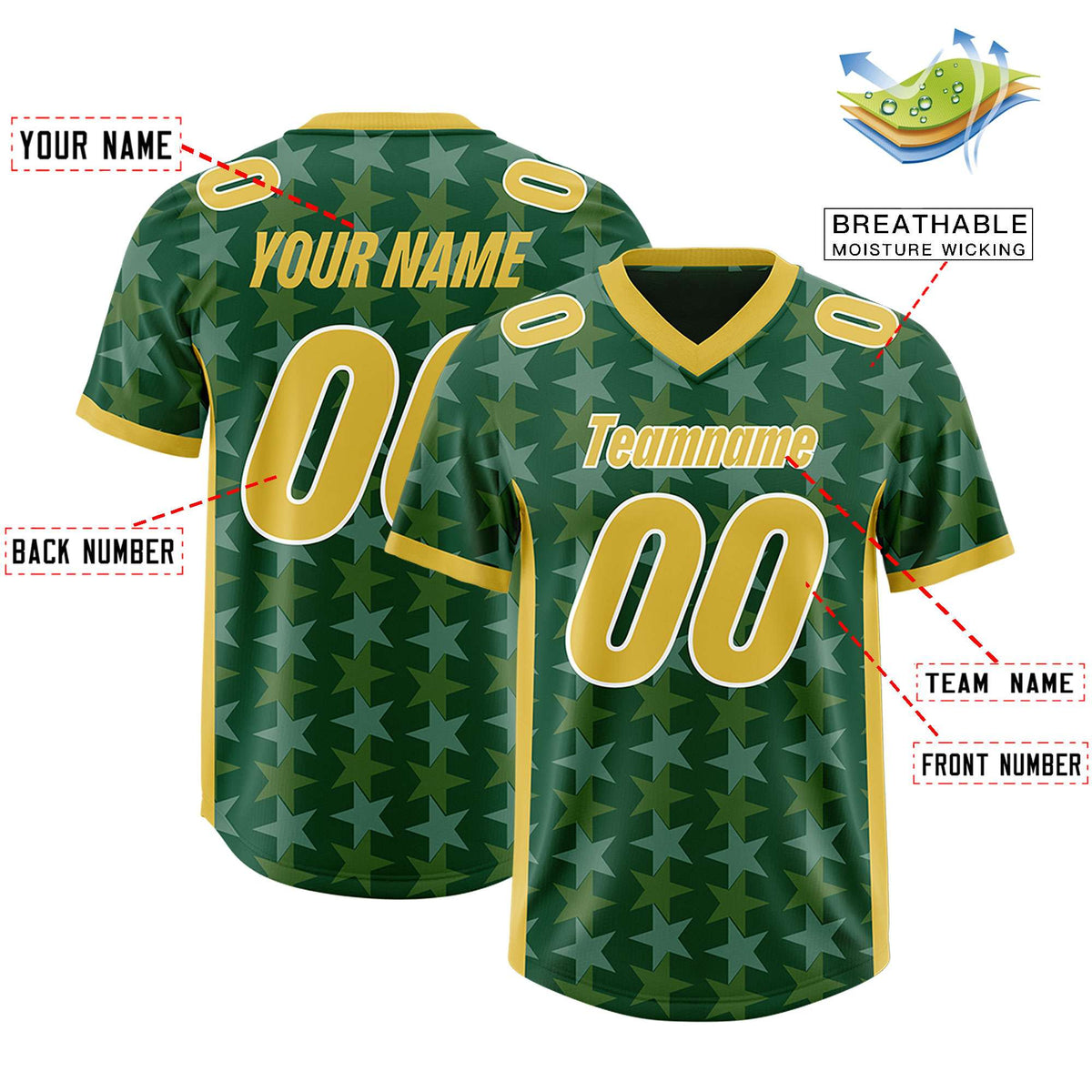 Custom Green Old Gold Personalized All Star Graffiti Pattern Authentic American Football Jersey