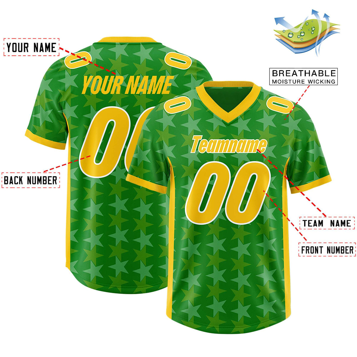 Custom Kelly Green Gold Personalized All Star Graffiti Pattern Authentic American Football Jersey