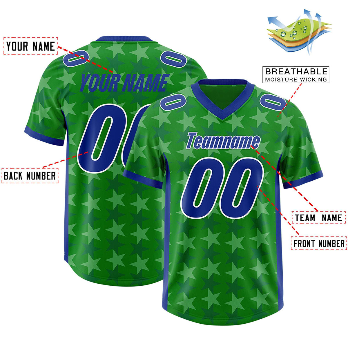 Custom Kelly Green Royal Personalized All Star Graffiti Pattern Authentic American Football Jersey
