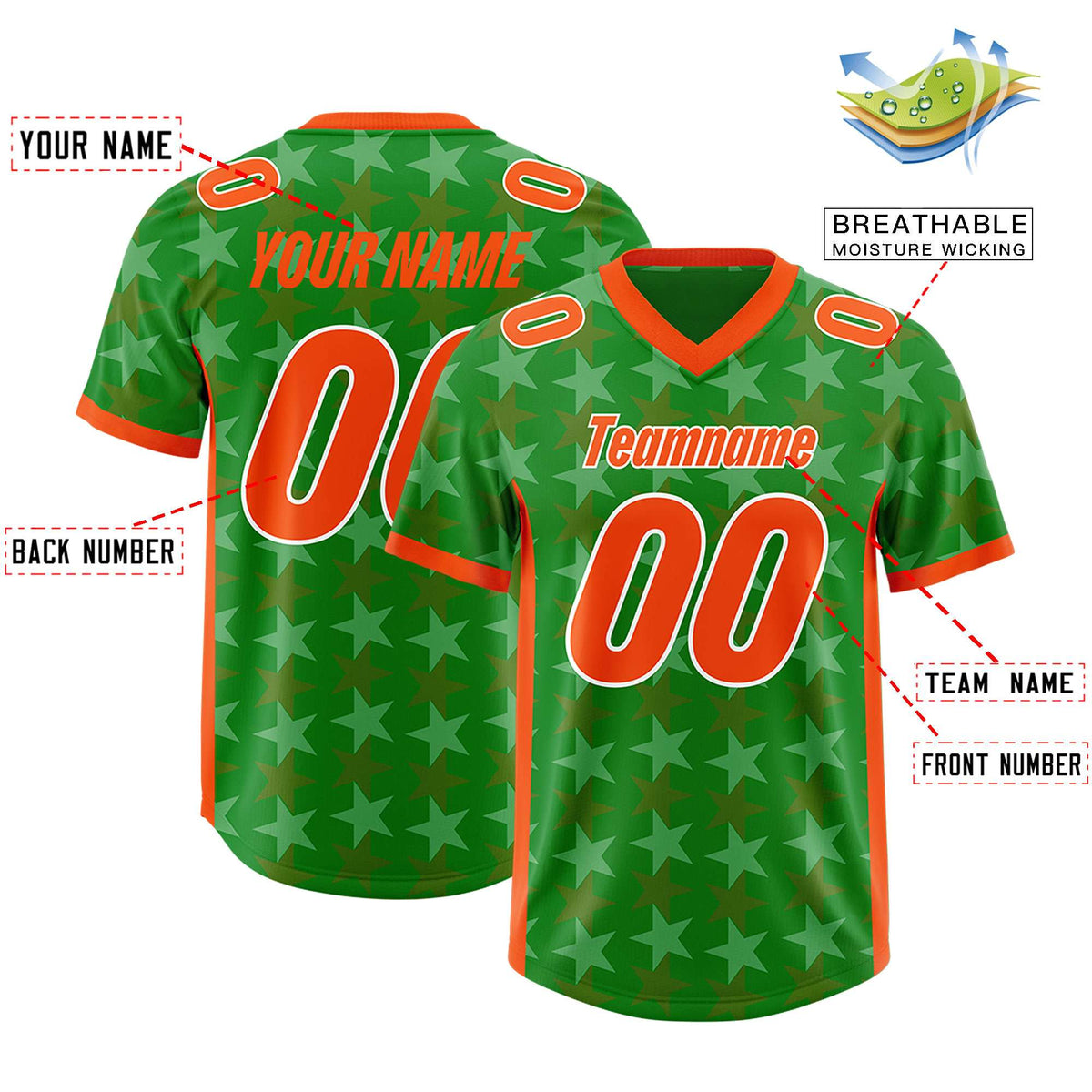 Custom Kelly Green Orange Personalized All Star Graffiti Pattern Authentic American Football Jersey
