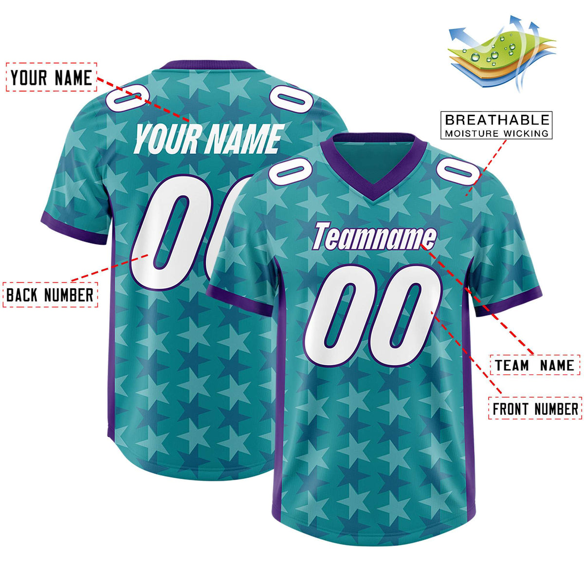 Custom Aqua Purple Personalized All Star Graffiti Pattern Authentic American Football Jersey