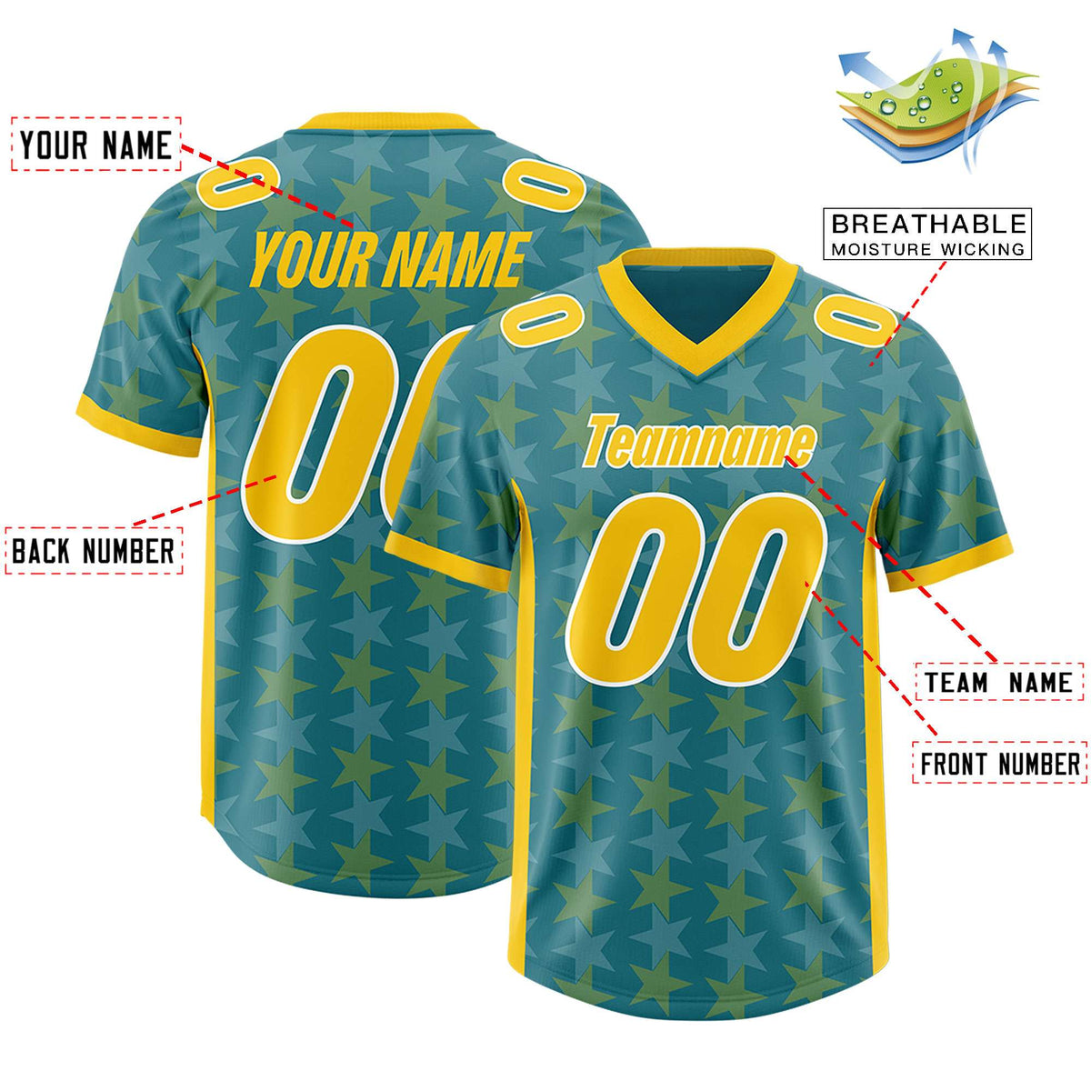 Custom Aqua Gold Personalized All Star Graffiti Pattern Authentic American Football Jersey