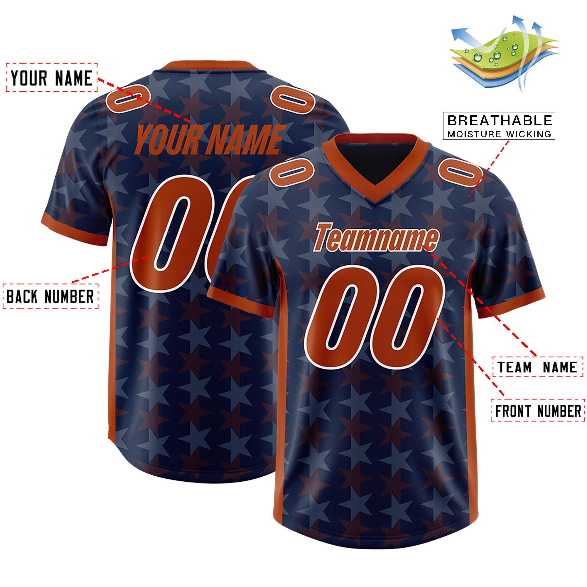 Custom Navy Texas Orange Personalized All Star Graffiti Pattern Authentic American Football Jersey