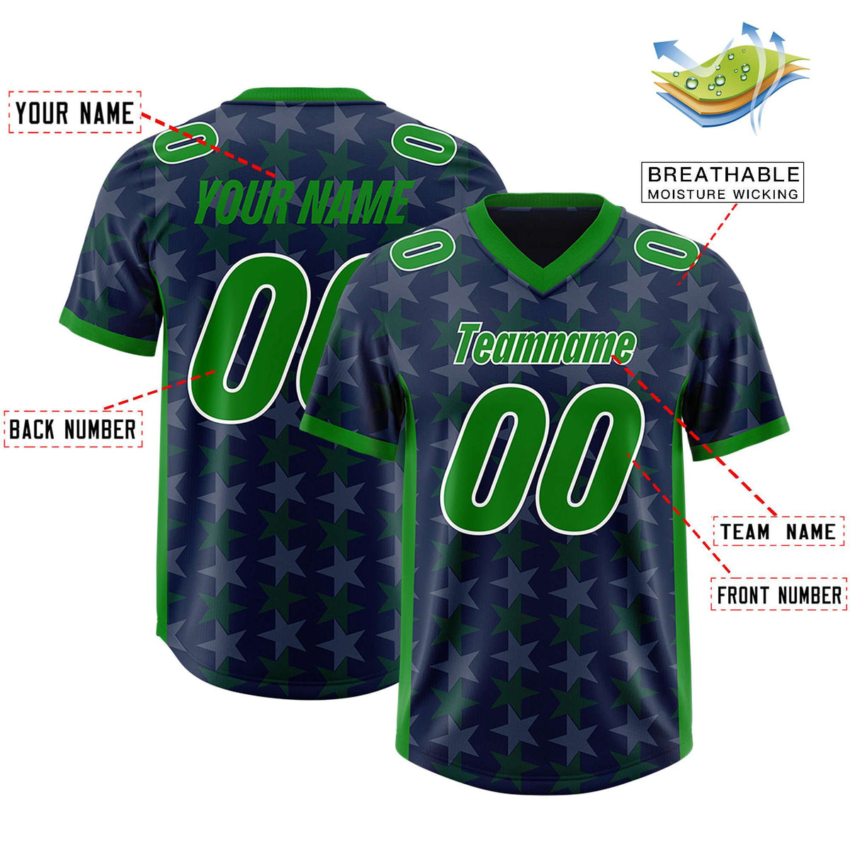 Custom Navy Kelly Green Personalized All Star Graffiti Pattern Authentic American Football Jersey