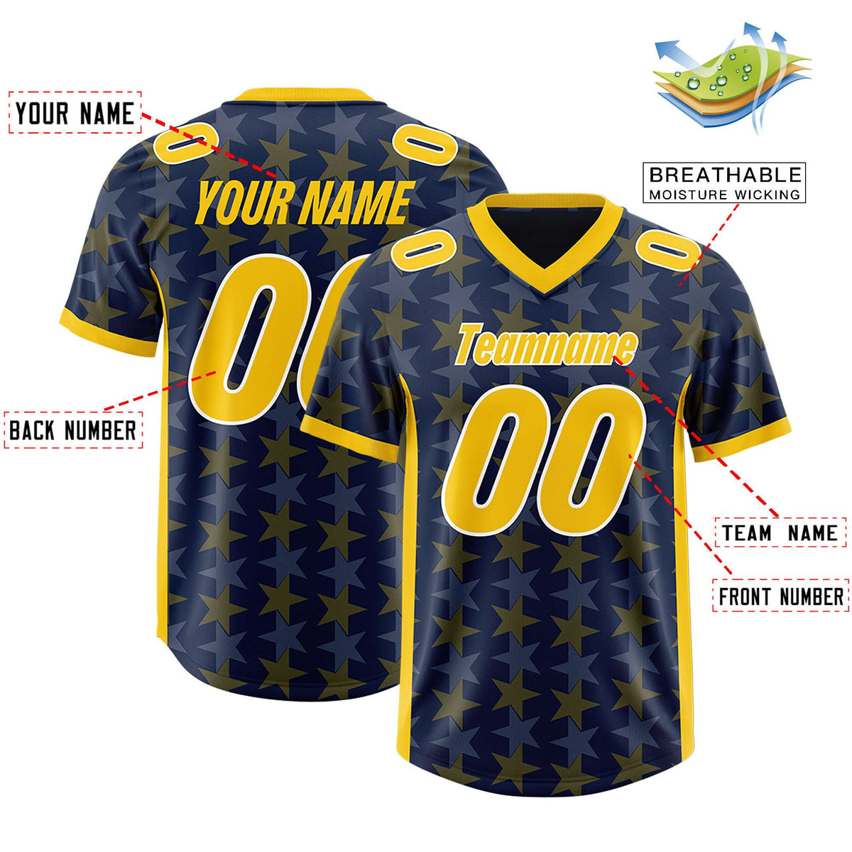 Custom Navy Gold Personalized All Star Graffiti Pattern Authentic American Football Jersey