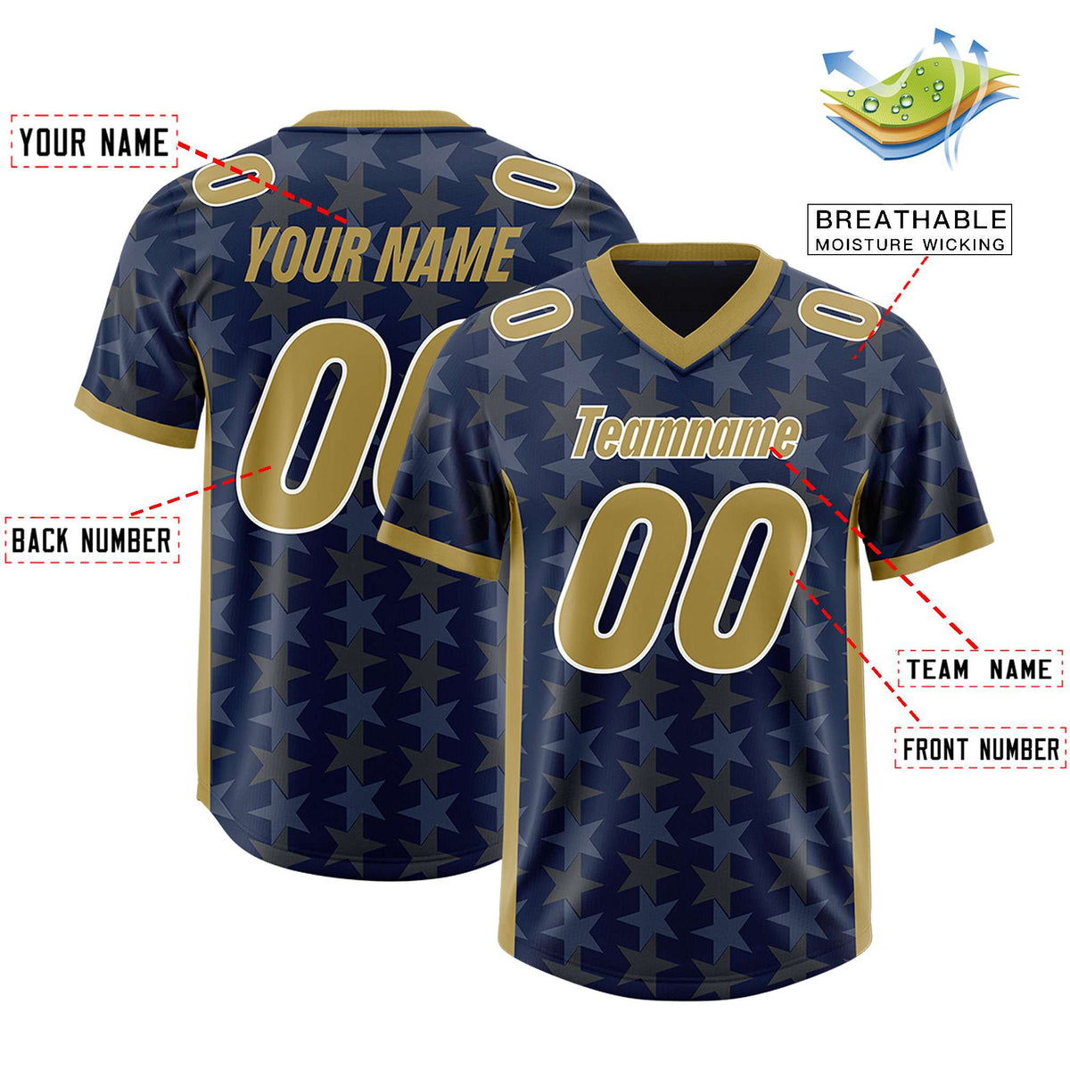 Custom Navy Old Gold Personalized All Star Graffiti Pattern Authentic American Football Jersey